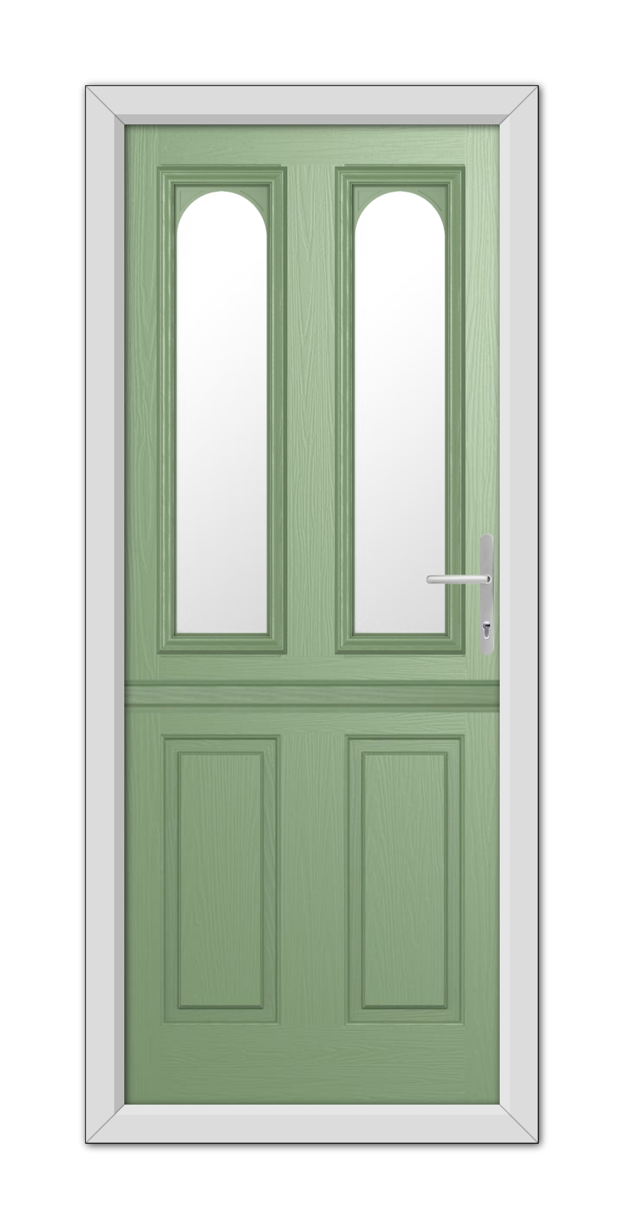 A Chartwell Green Elmhurst Stable Composite Door with rectangular glass windows on the top half and solid panels on the bottom, framed in white.