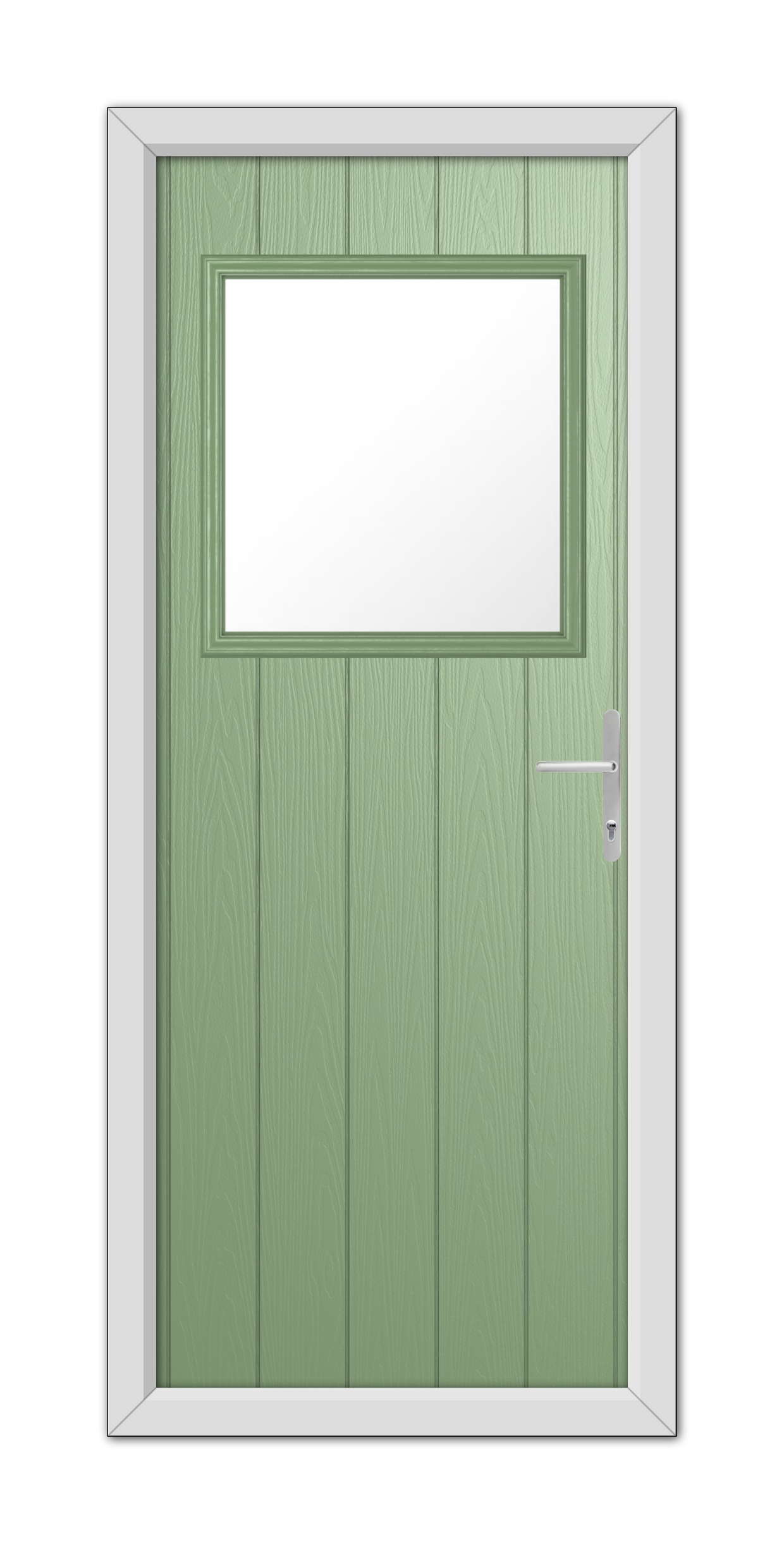 A Chartwell Green Fife Composite Door 48mm Timber Core with a rectangular glass window at the top, framed in white, featuring a modern handle on the right side.