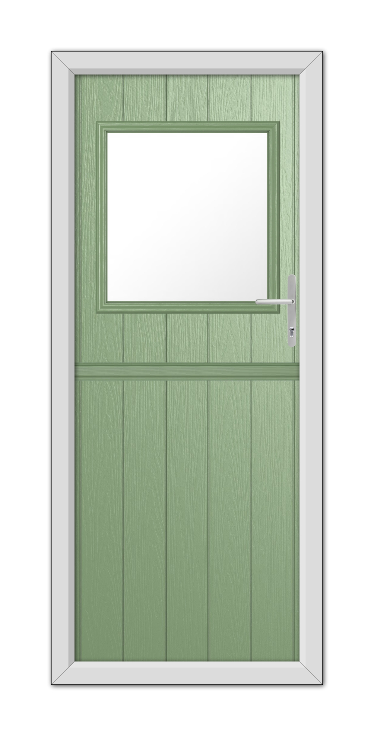 A Chartwell Green Fife Stable Composite Door 48mm Timber Core with a rectangular window at the top, encased in a white frame, viewed frontally.