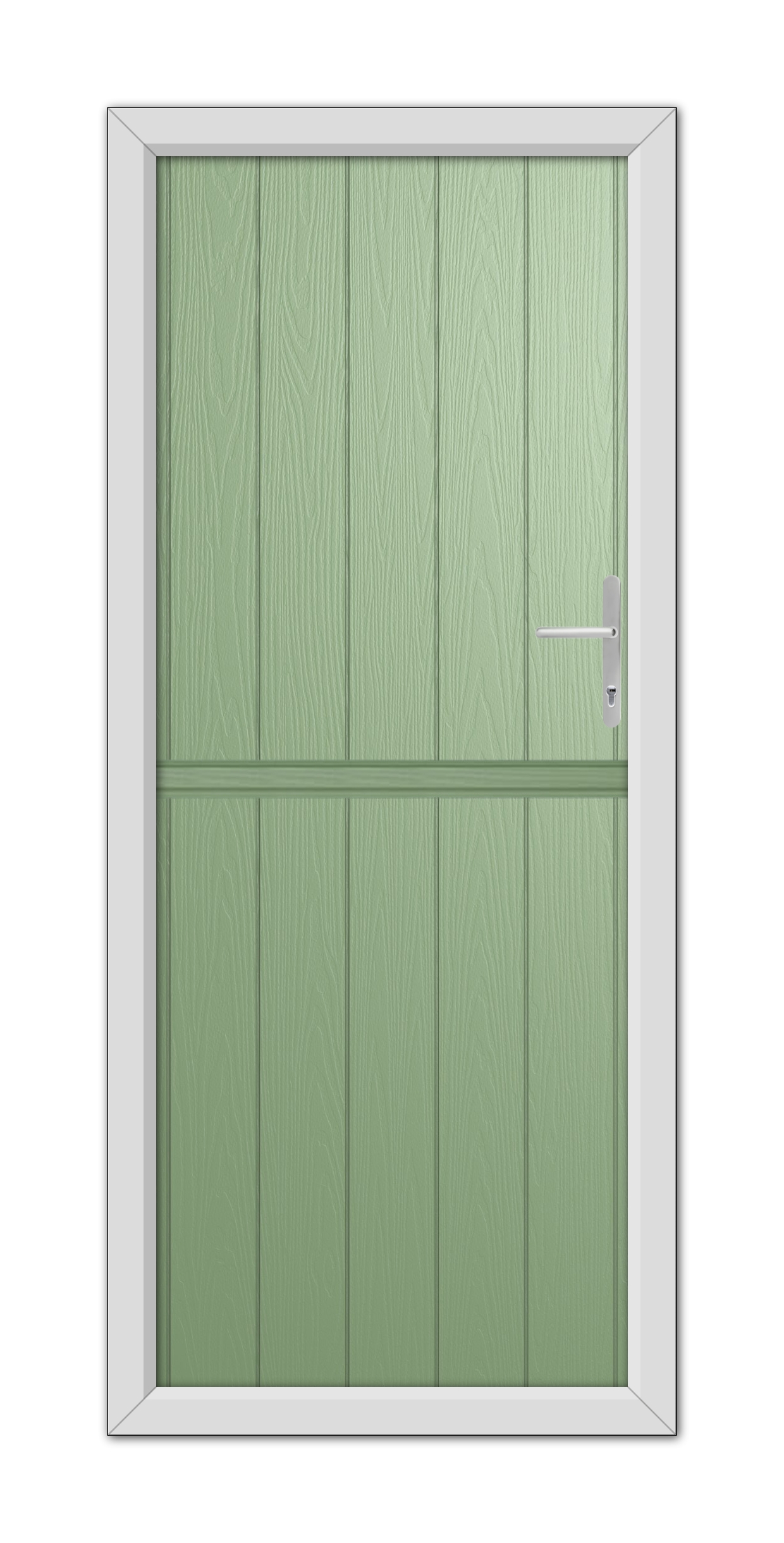 A Chartwell Green Gloucester Stable Composite Door 48mm Timber Core with a modern handle, set within a silver frame, displayed against a white background.