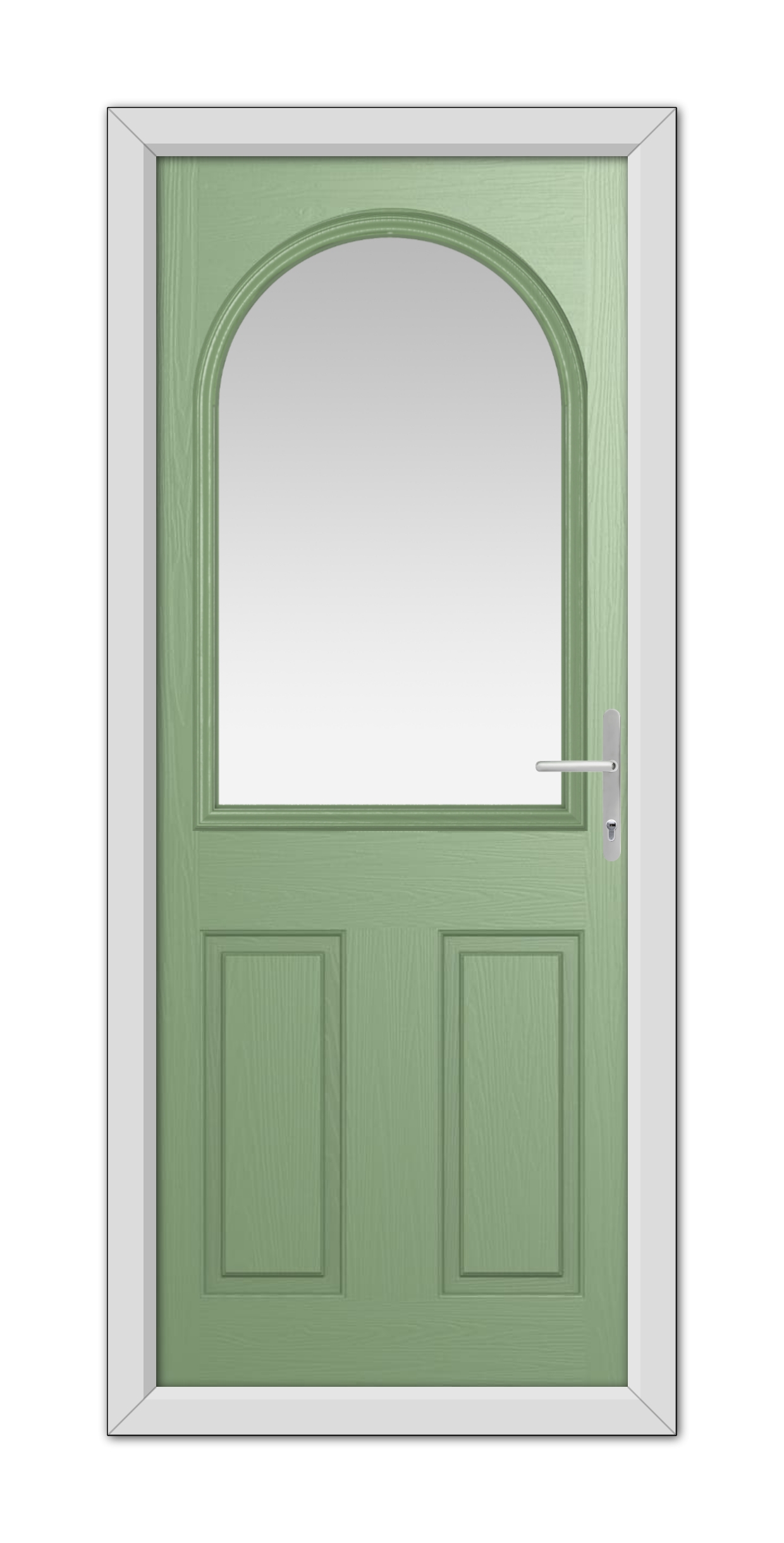 A Chartwell Green Grafton Composite Door 48mm Timber Core with a large arched window and a modern handle, set within a white frame.