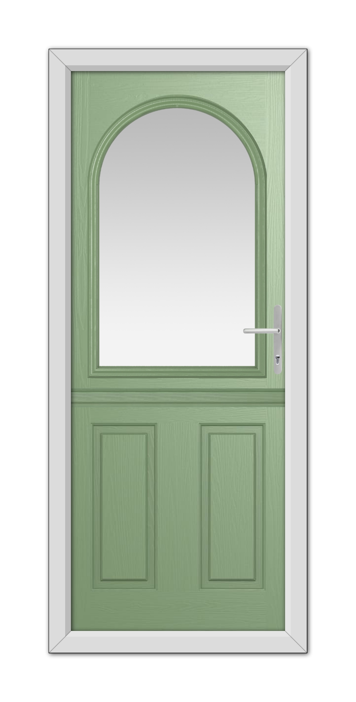 A Chartwell Green Grafton Stable Composite Door 48mm Timber Core with a large arched window and a silver handle, set within a white door frame.