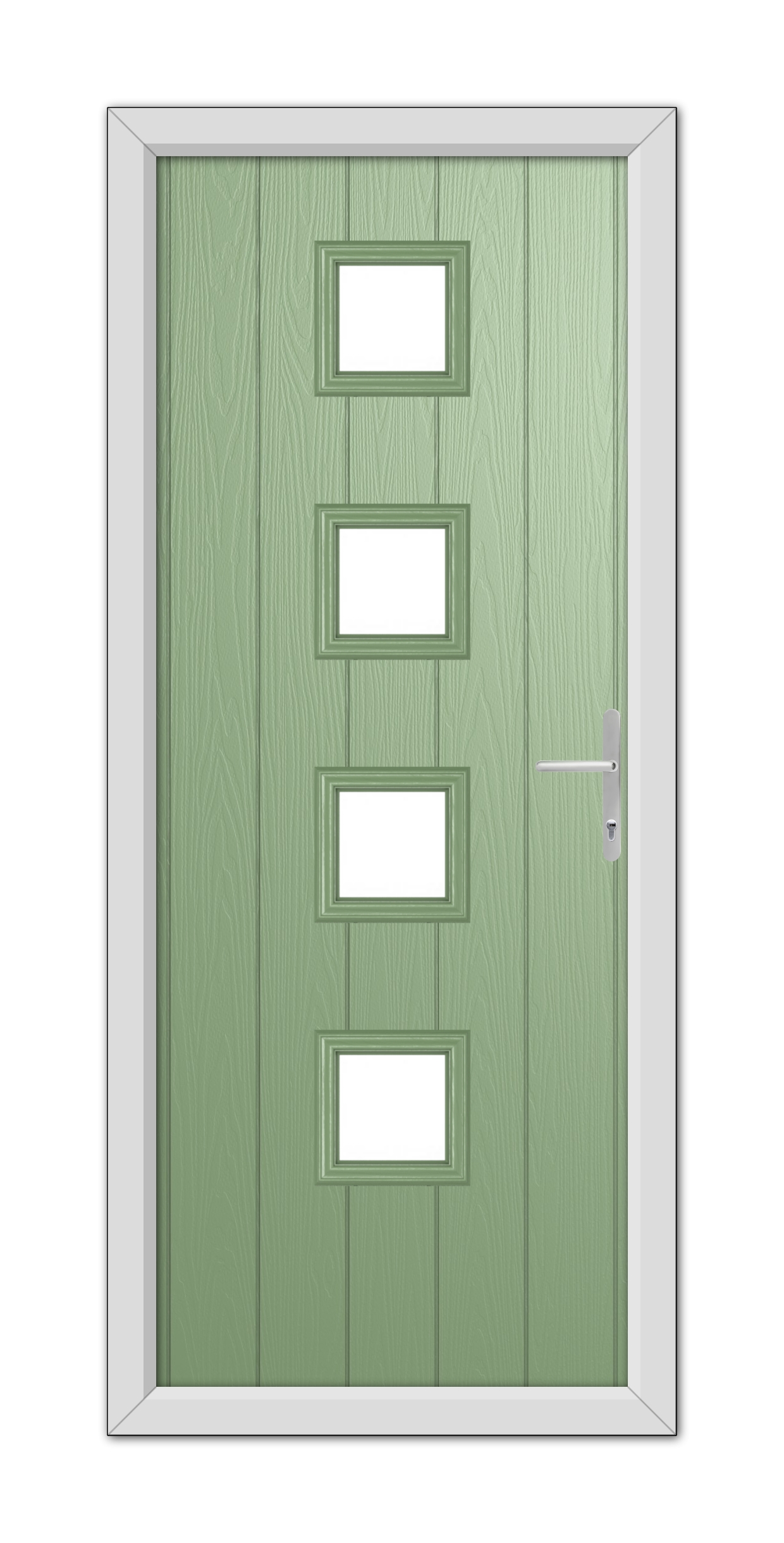 A modern Chartwell Green Hamilton Composite Door with four rectangular windows and a metallic handle, set within a gray frame.
