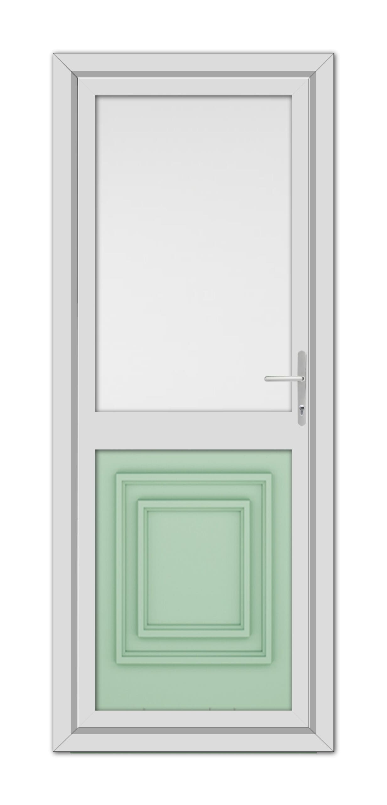 A modern closed door with a white frame and a Chartwell Green Hannover Half uPVC central panel, featuring a rectangular window at the top and a metallic handle on the right.