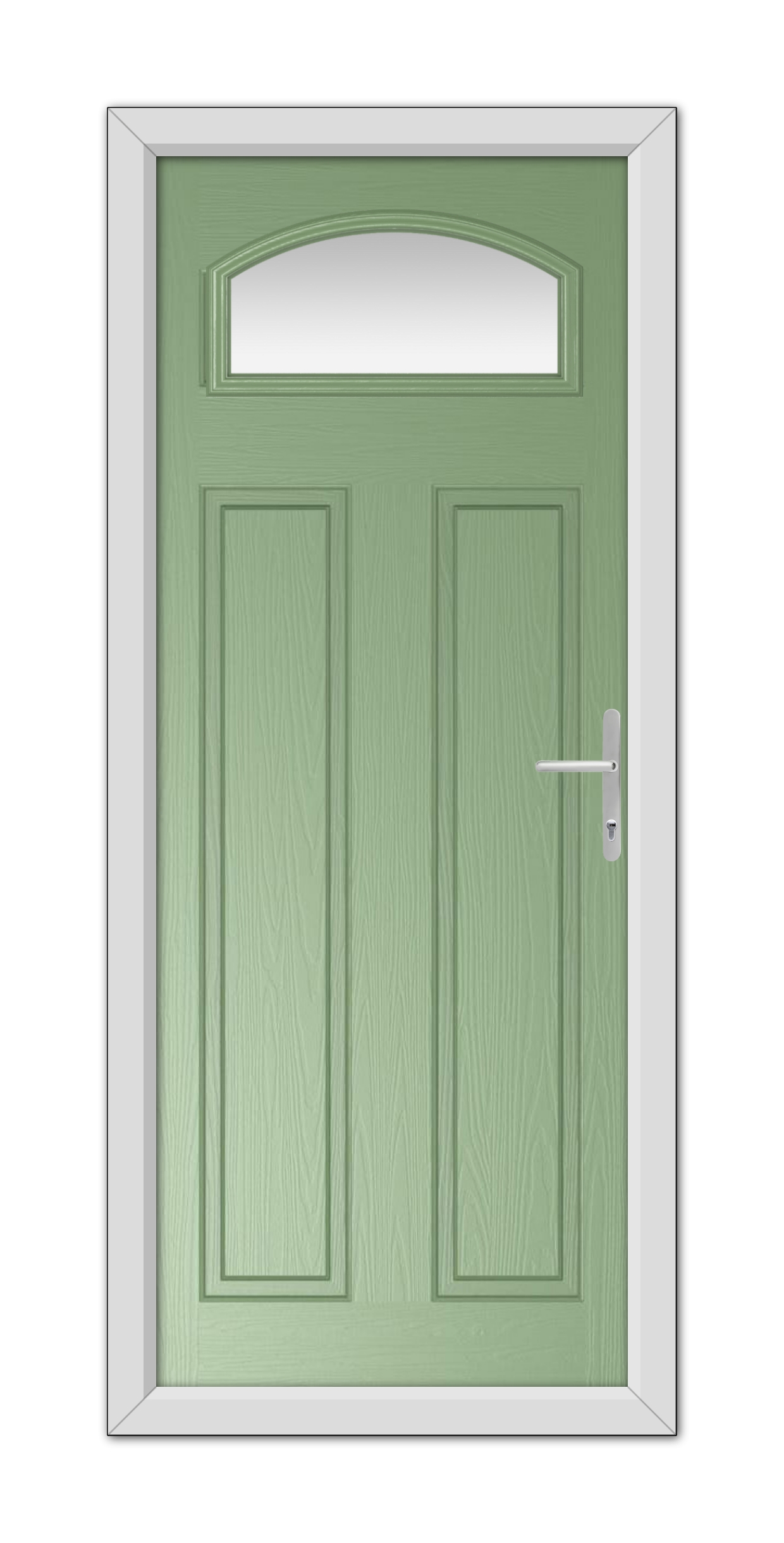 A Chartwell Green Harlington Composite door with a semi-circular window at the top, framed within a white door frame, featuring a modern handle.