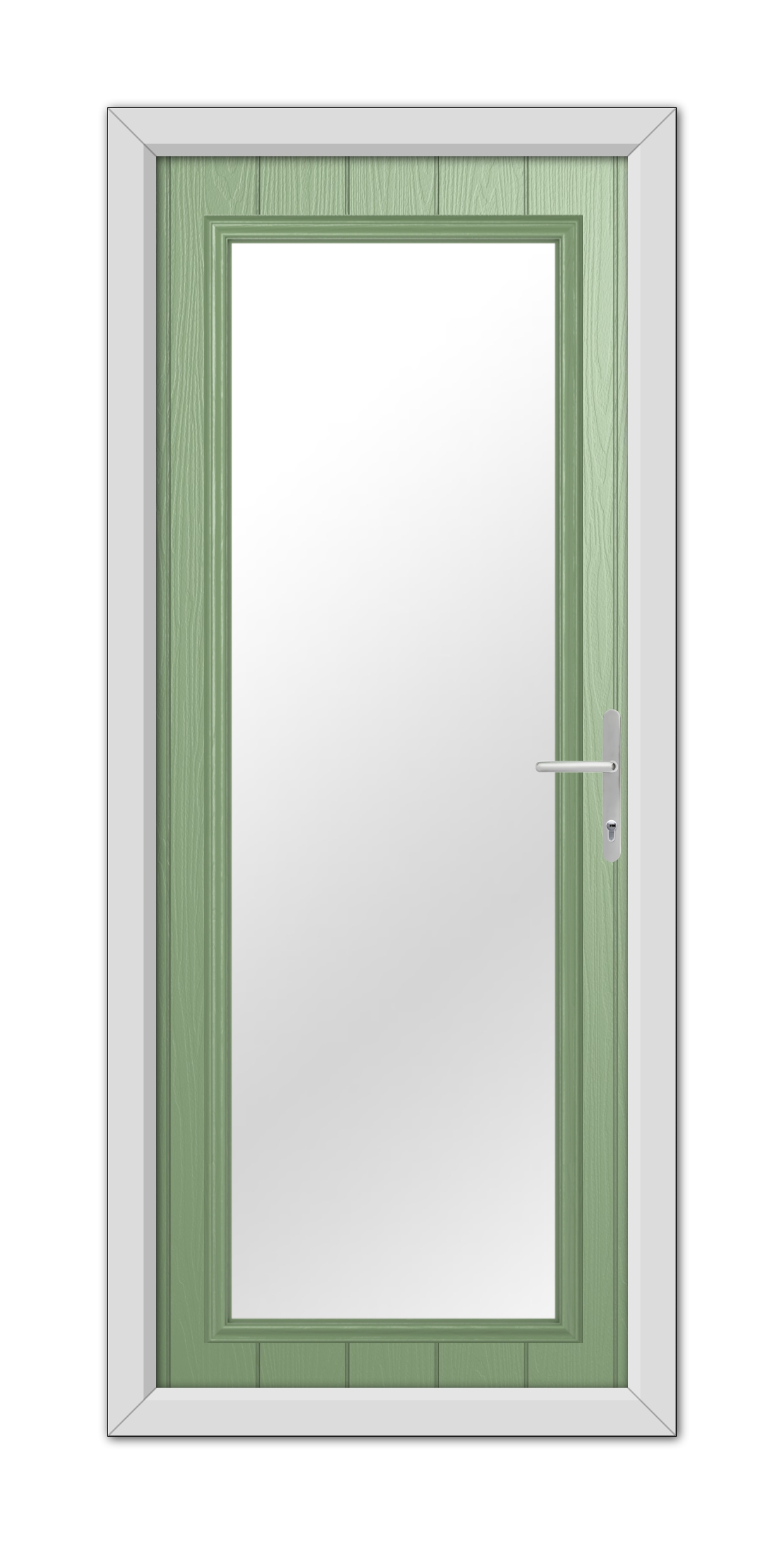 A modern Chartwell Green Hatton Composite Door 48mm Timber Core with a prominent white frame and a silver handle, featuring a large rectangular glass panel.