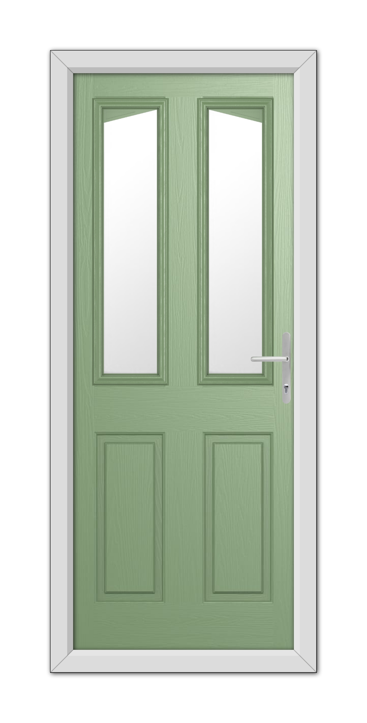 A Chartwell Green Highbury Composite Door with glass windows on the top half and panels on the bottom, framed in white, with a metallic handle on the right.