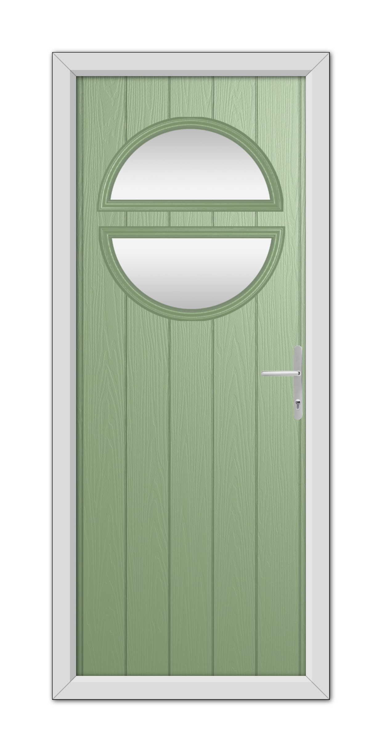A Chartwell Green Kent Composite Door 48mm Timber Core with a horizontal oval glass window and a modern handle, framed in white.