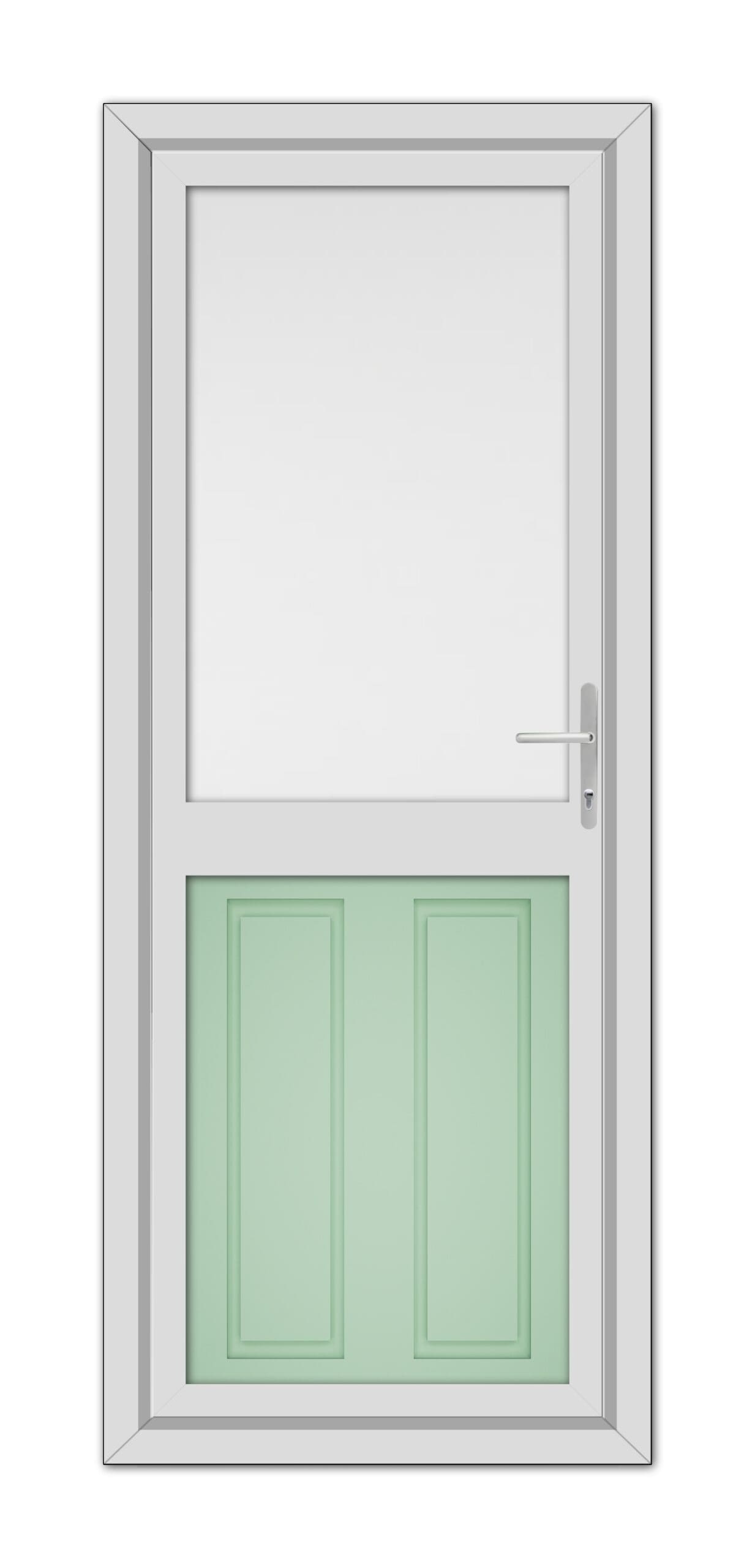 A modern closed door with a white frame and two Chartwell Green Manor Half uPVC panels, featuring a silver handle on the right side.