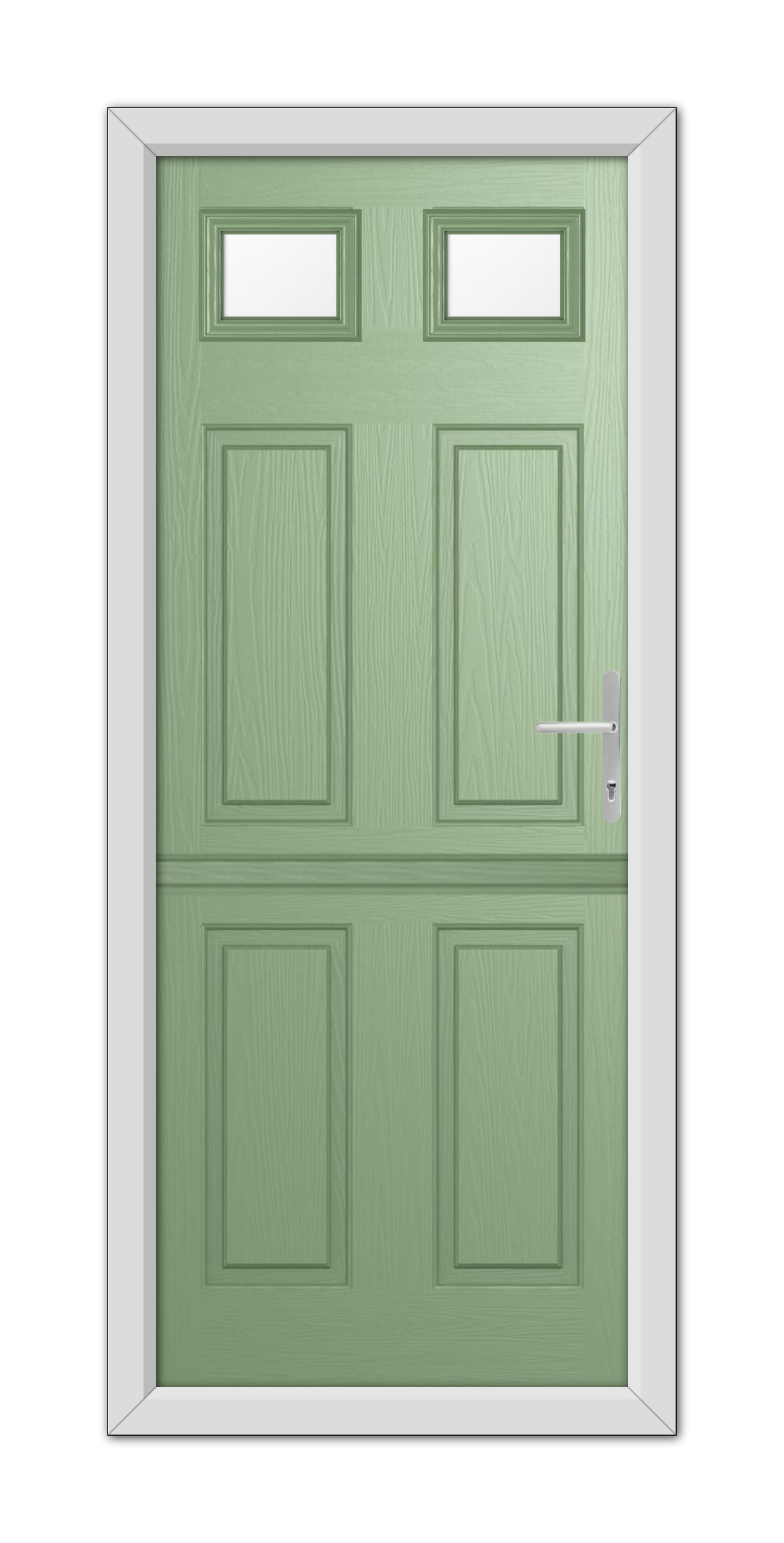 A Chartwell Green Middleton Glazed 2 Stable Composite Door 48mm Timber Core with four panels and three rectangular windows at the top, set in a white frame, with a silver handle on the right.