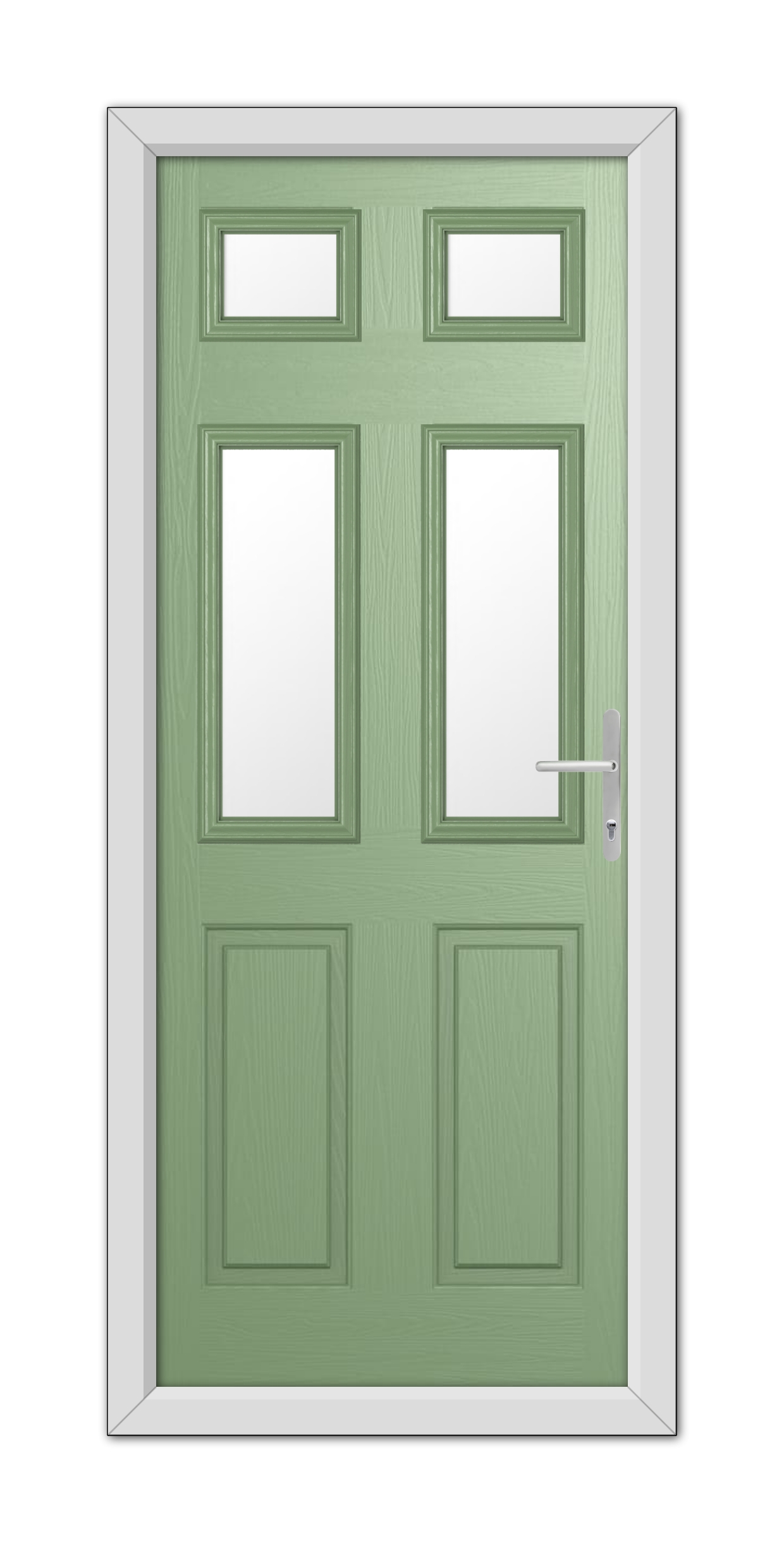A Chartwell Green Middleton Glazed 4 Composite Door 48mm Timber Core featuring four symmetrical glass panels and a modern handle, set within a white frame.