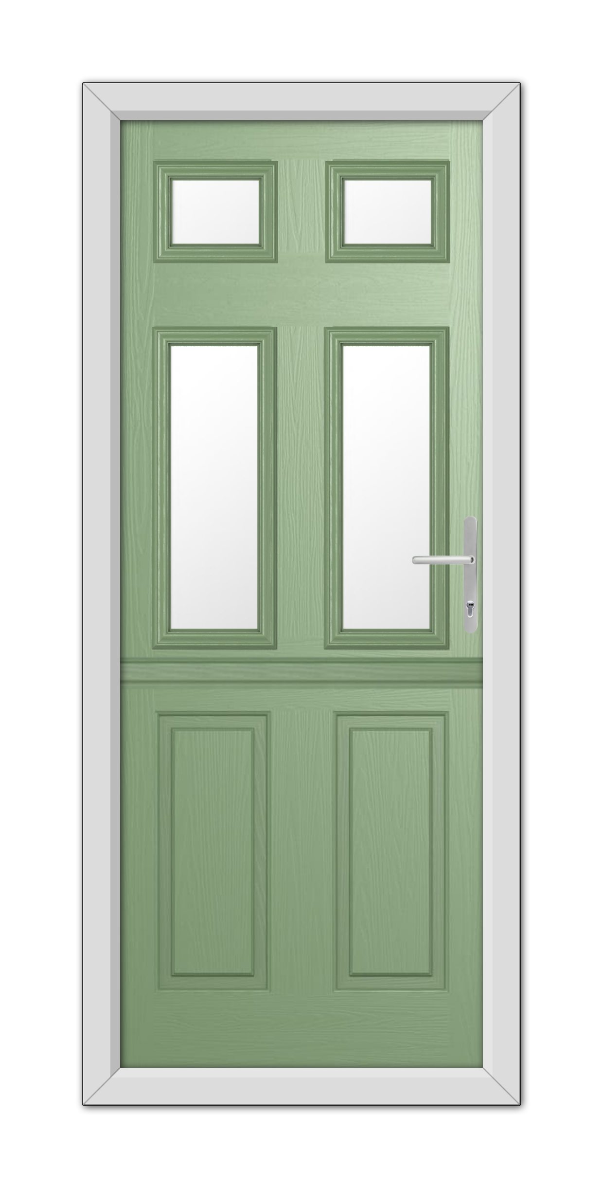 A Chartwell Green Middleton Glazed 4 Stable Composite Door 48mm Timber Core with a metallic handle, set within a white frame.