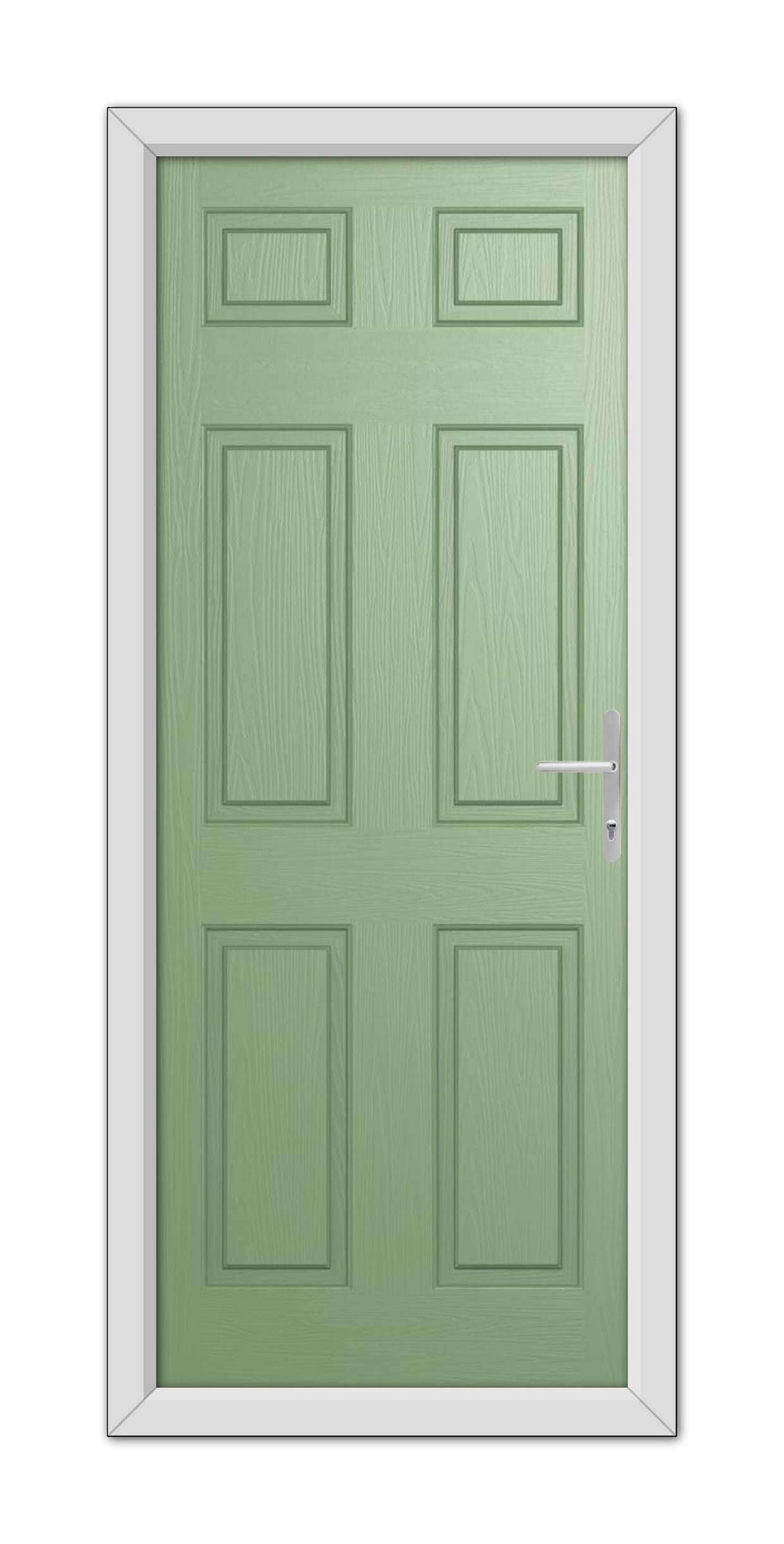 A Chartwell Green Middleton Solid Composite Door with six panels and a silver handle, set in a white frame.
