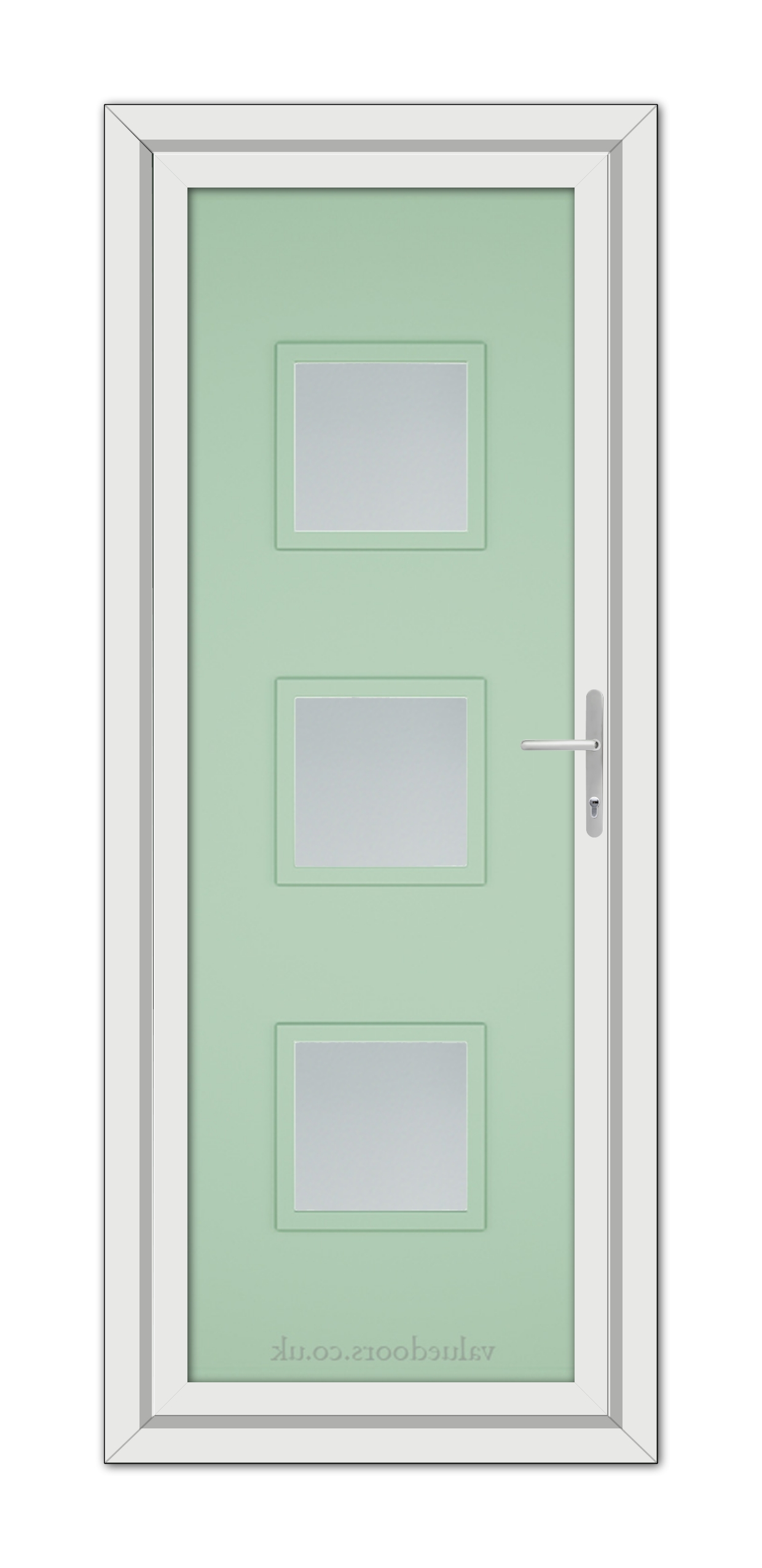 A Chartwell Green Modern 5013 uPVC Door with a white frame, featuring three rectangular frosted glass panels and a modern silver handle.