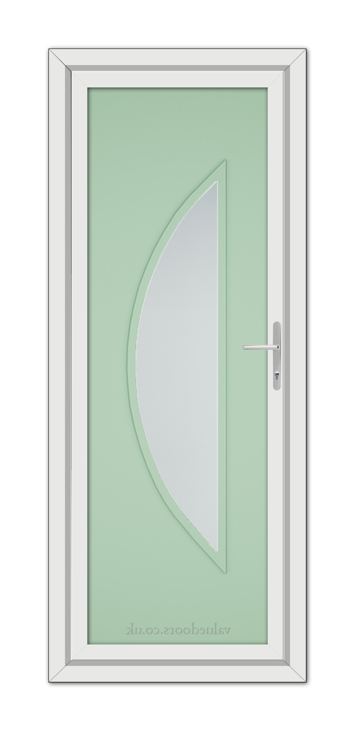 A Chartwell Green Modern 5051 uPVC Door featuring a pastel green panel with an asymmetrical frosted glass window on the left side, enclosed in a white frame.