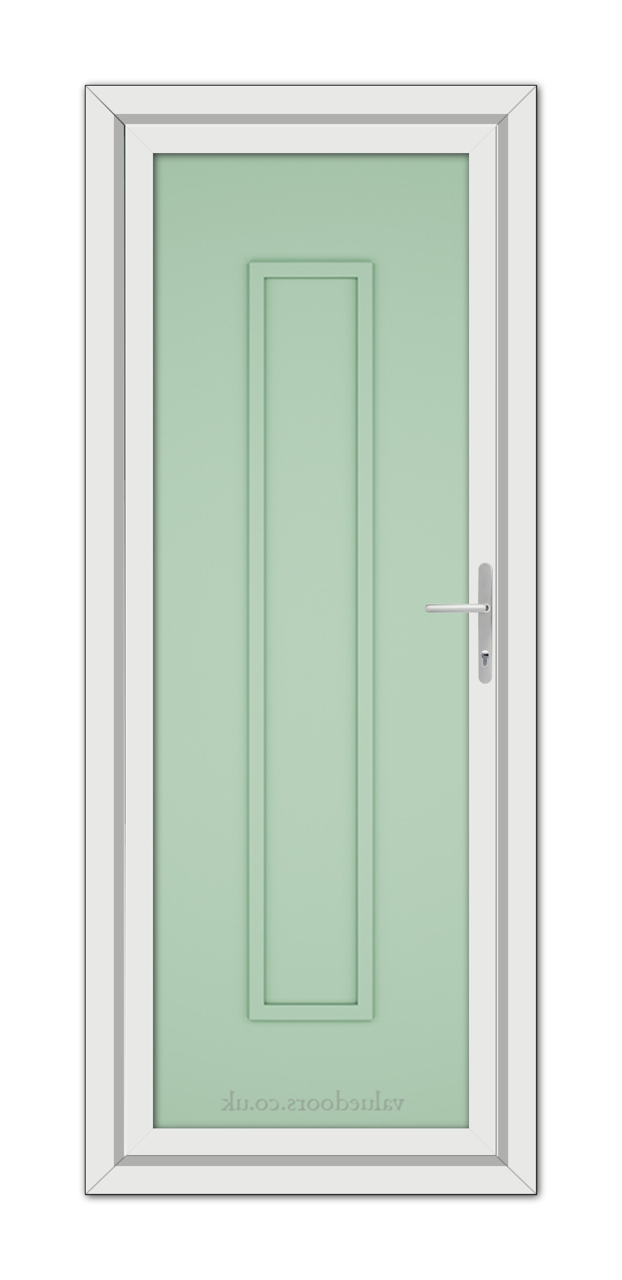 A vertical image of a Chartwell Green Modern 5101 Solid uPVC Door with a white frame and a silver handle, viewed from the front.