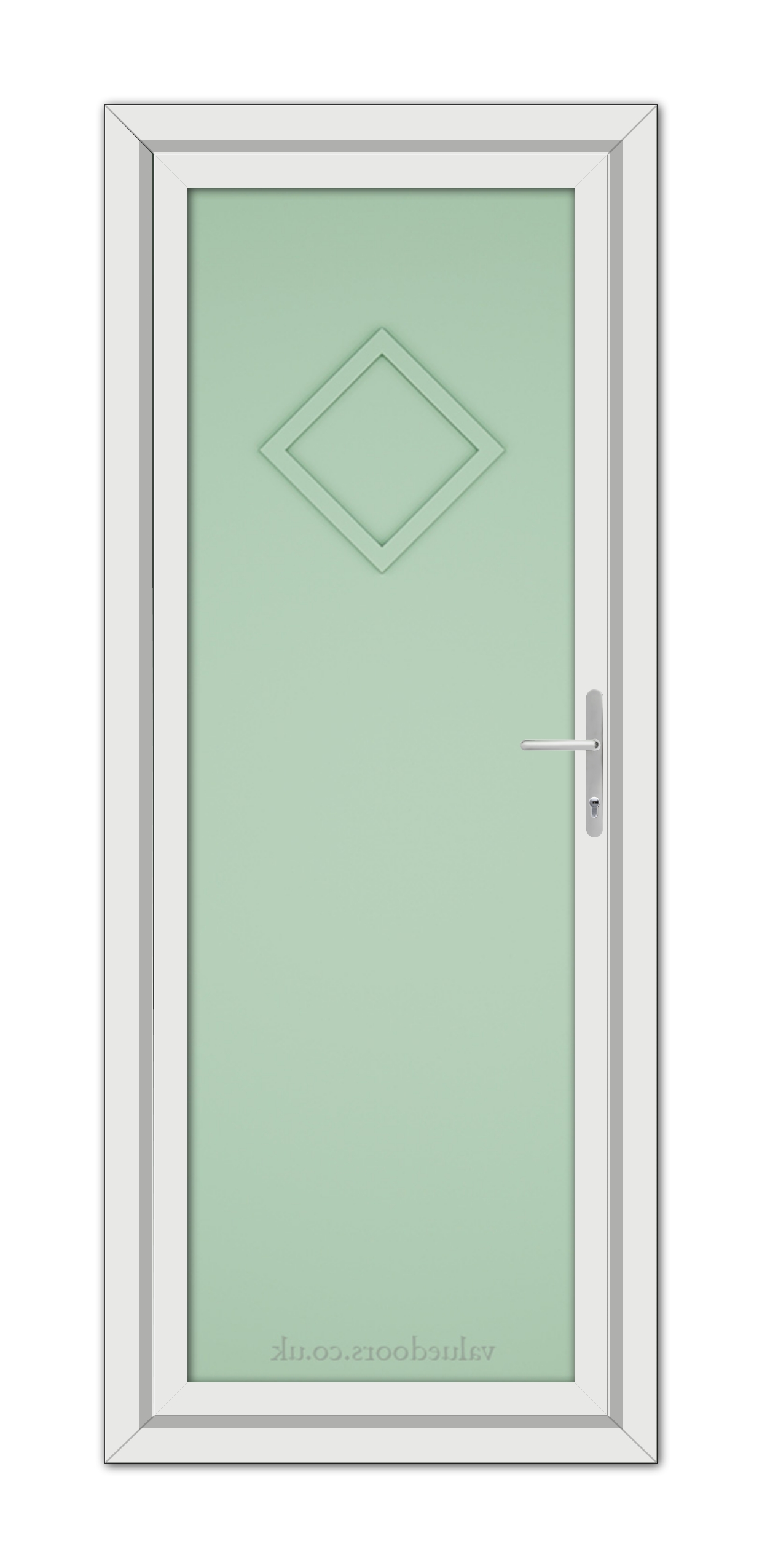A Chartwell Green Modern 5131 Solid uPVC Door with a diamond-shaped window and a silver handle, set within a white frame.