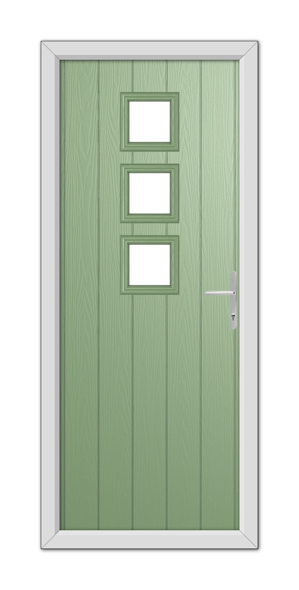 A modern Chartwell Green Montrose Composite Door 48mm Timber Core with three small rectangular windows and a metallic handle, set within a white frame.