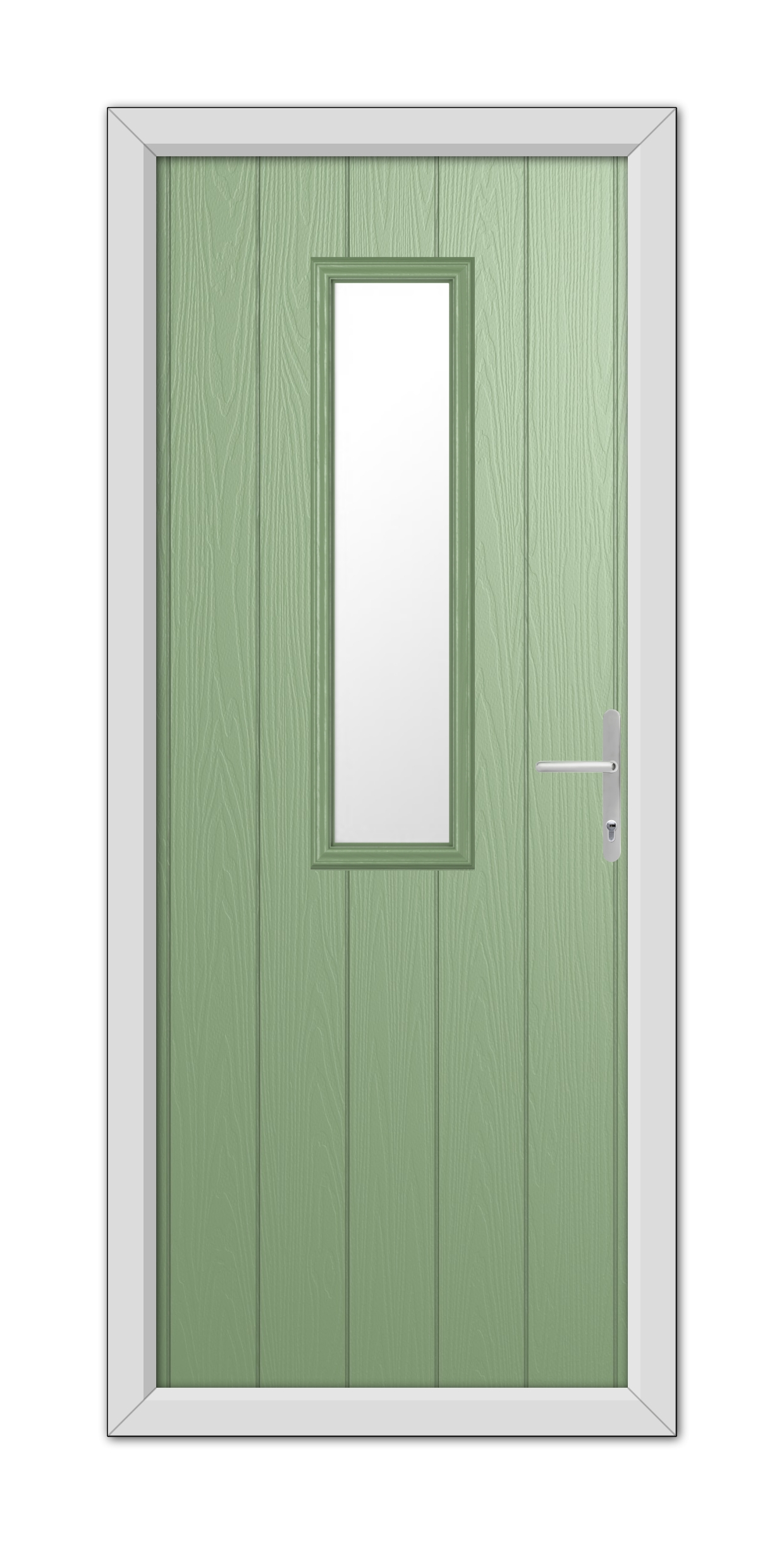 A Chartwell Green Mowbray Composite Door 48mm Timber Core with a vertical rectangular window and a modern handle, set within a gray frame.