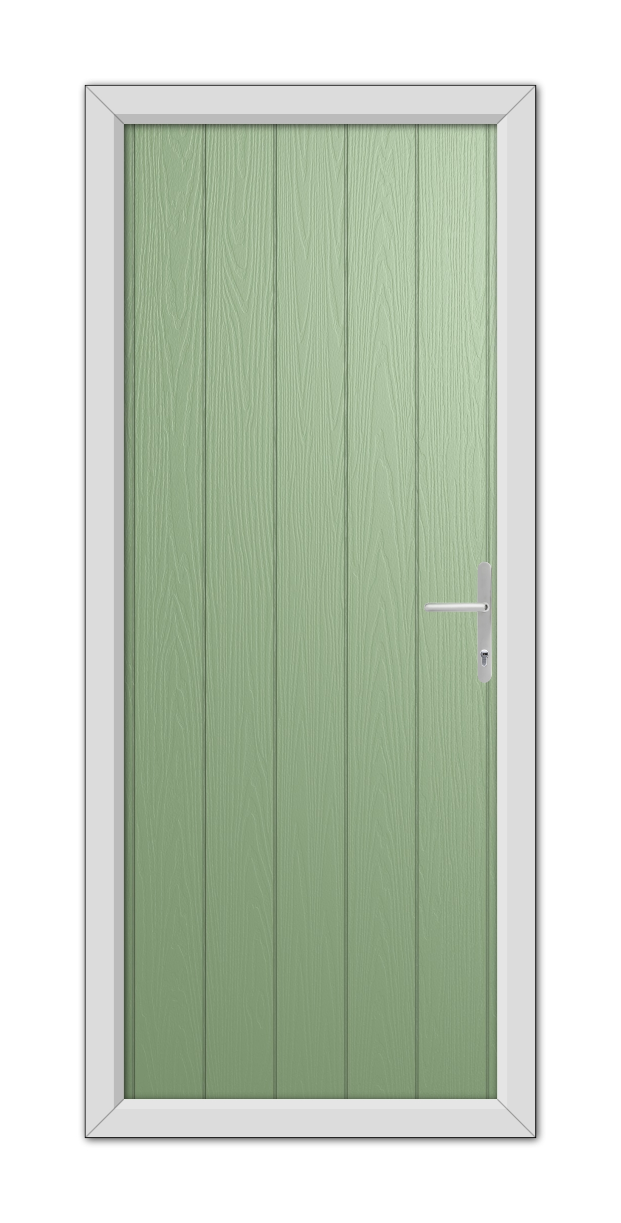 A modern Chartwell Green Norfolk Solid Composite Door 48mm Timber Core with vertical wood paneling and a silver handle, set within a simple grey frame.