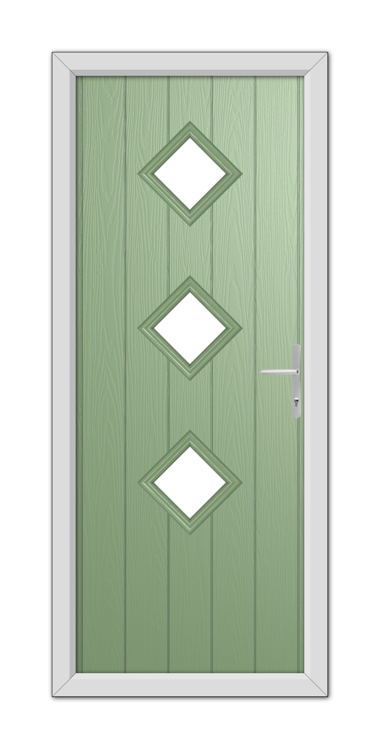 A Chartwell Green Richmond Composite Door 48mm Timber Core with three diamond-shaped glass panels and a modern lever handle, set within a gray frame.