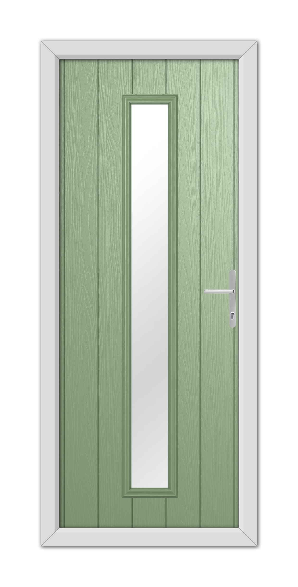 A Chartwell Green Rutland Composite Door 48mm Timber Core with a vertical rectangular window and a modern handle, set within a white frame.