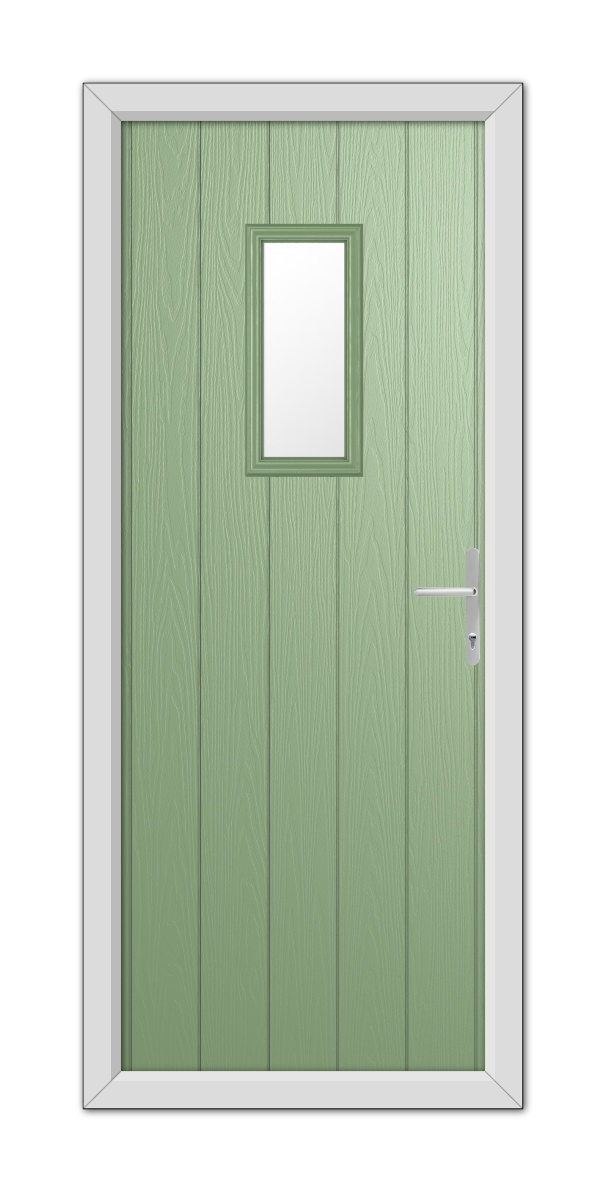 A Chartwell Green Somerset Composite Door 48mm Timber Core with a white square window at the center, framed in aluminum, viewed from the front.