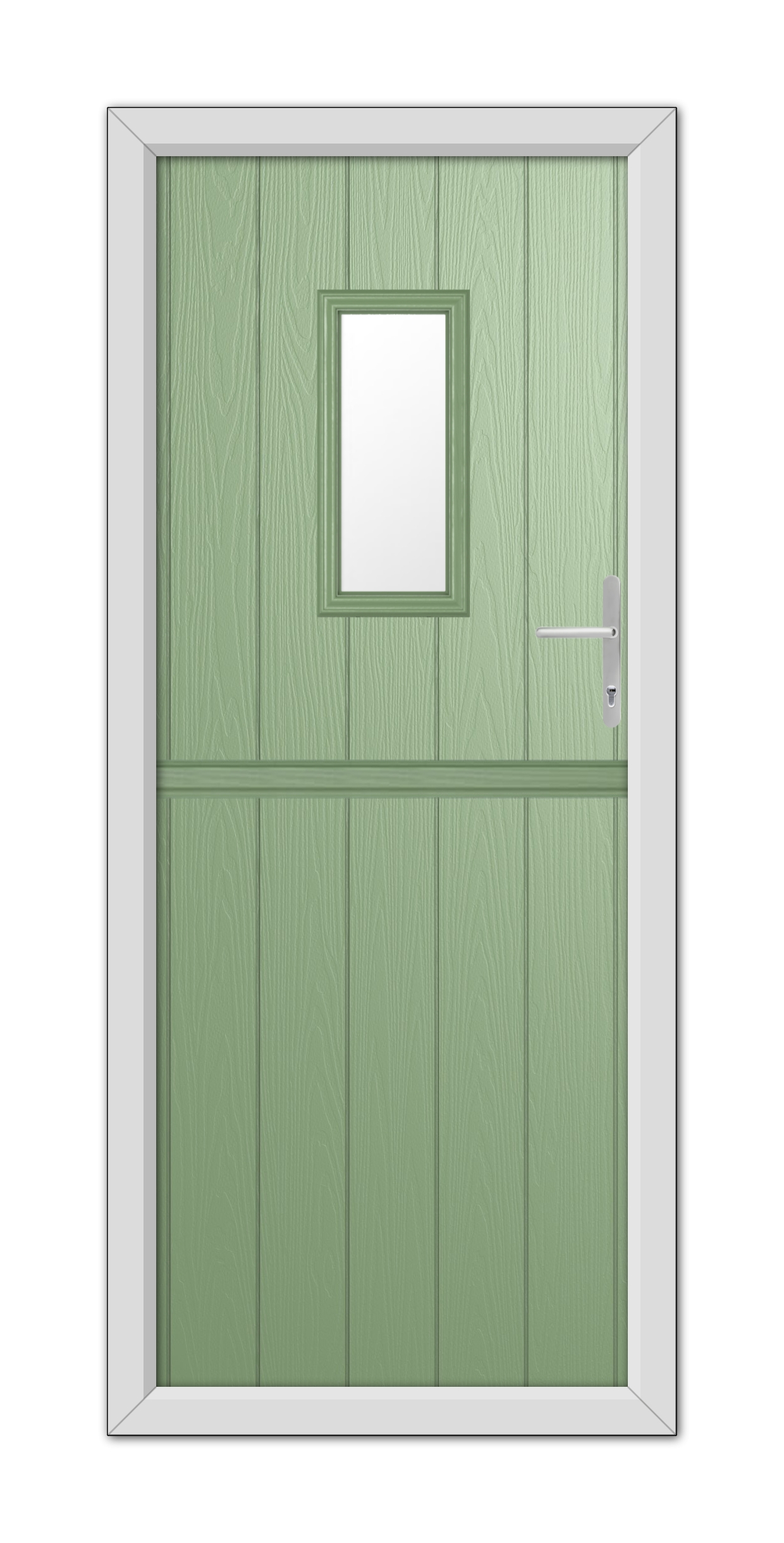A Chartwell Green Somerset Stable Composite Door 48mm Timber Core with a small square window, fitted within a white frame, featuring a modern handle on the right side.