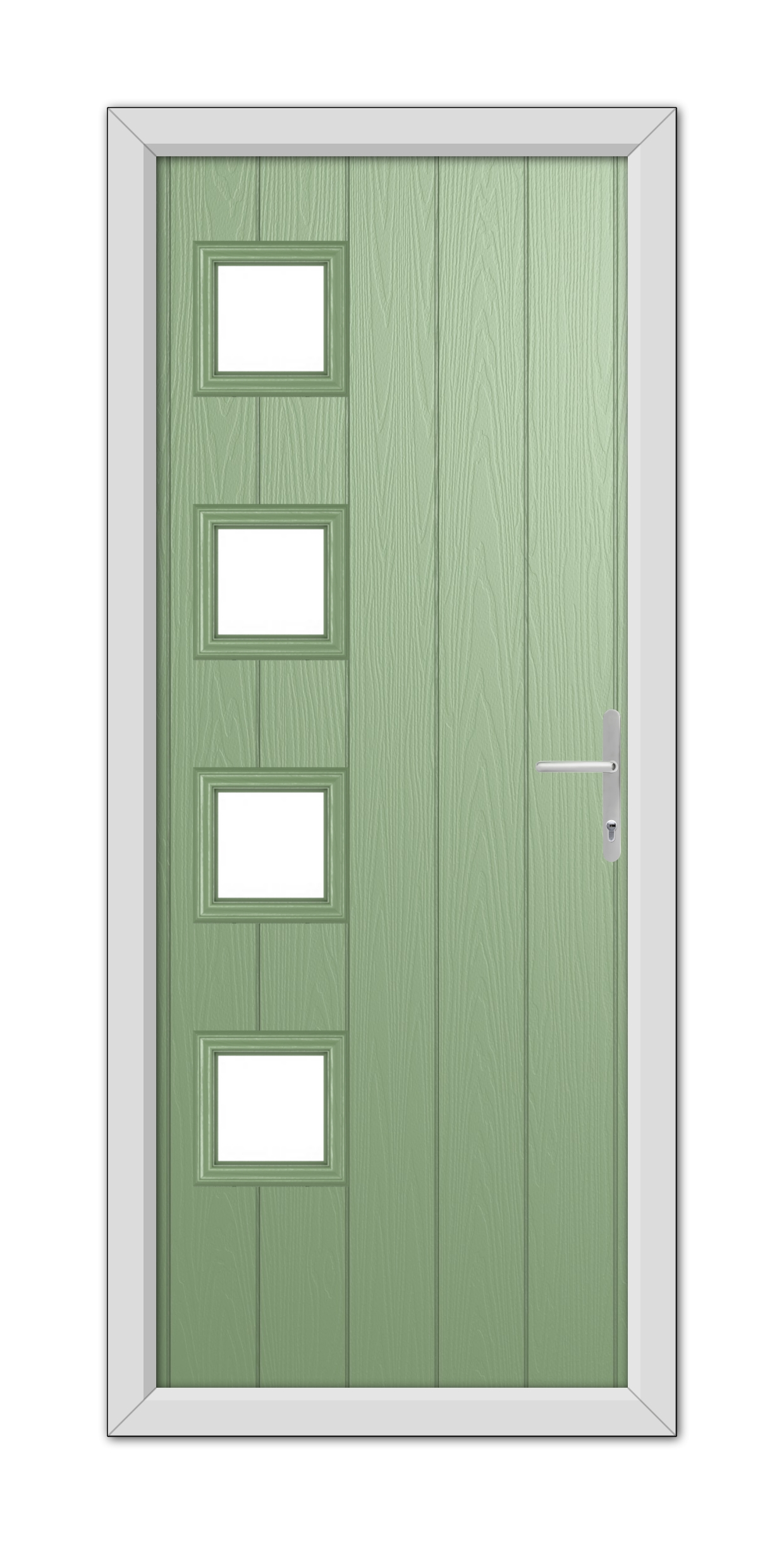 A Chartwell Green Sussex Composite Door 48mm Timber Core with four rectangular windows, fitted in a gray frame, isolated on a white background.
