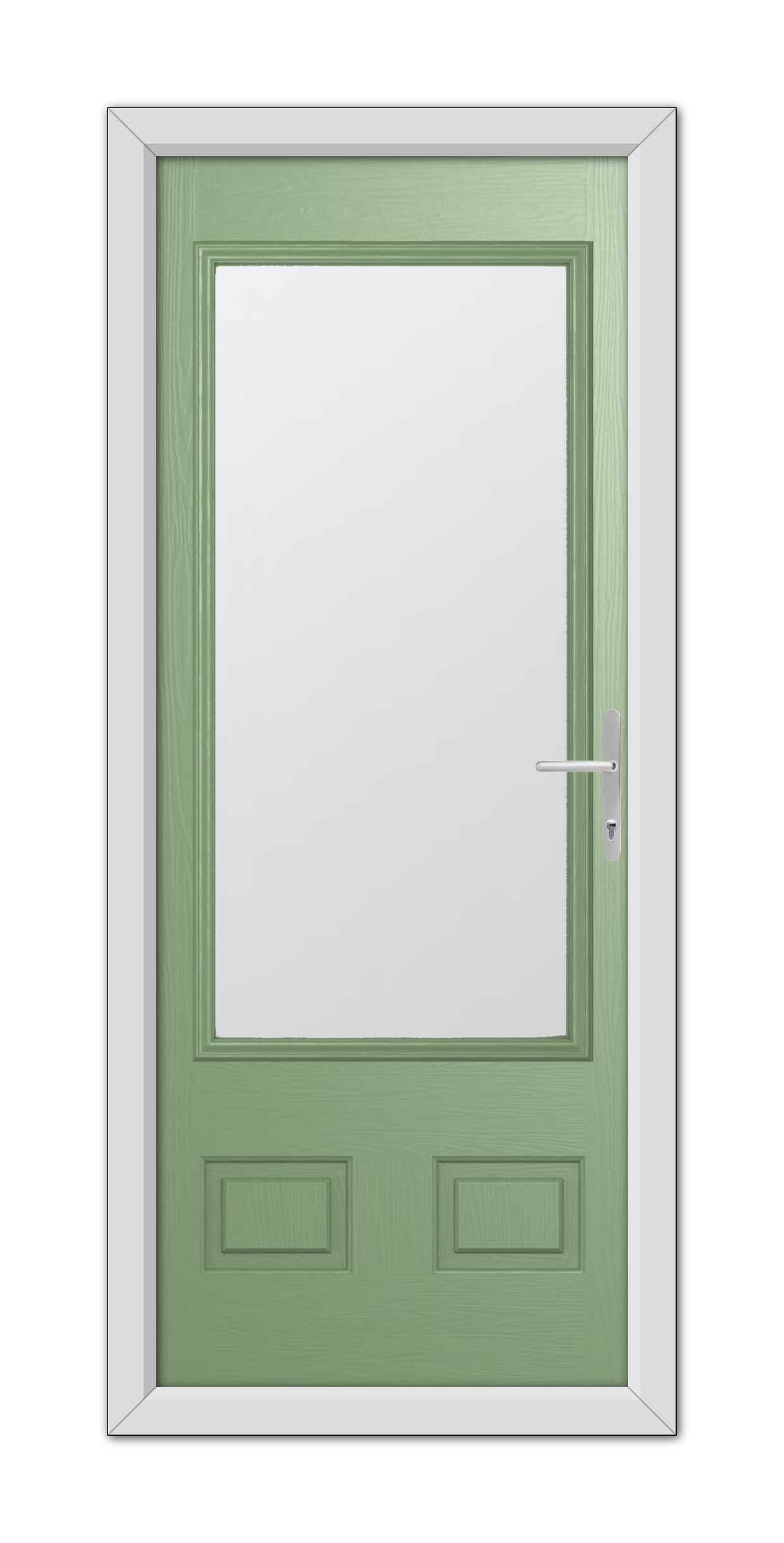 A Chartwell Green Walcot Composite Door 48mm Timber Core with a rectangular glass panel at the top, three vertical panels at the bottom, and a metallic handle on the right, set in a white frame.
