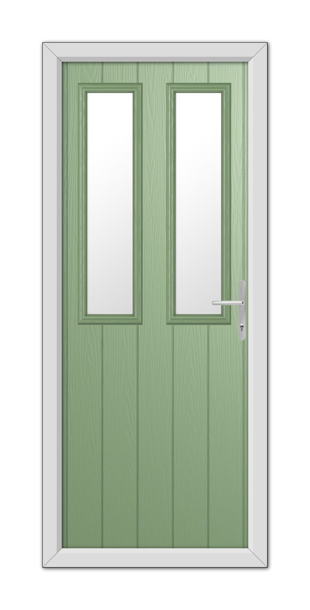 A modern Chartwell Green Wellington Composite Door with rectangular windows and a silver handle, set in a white frame.