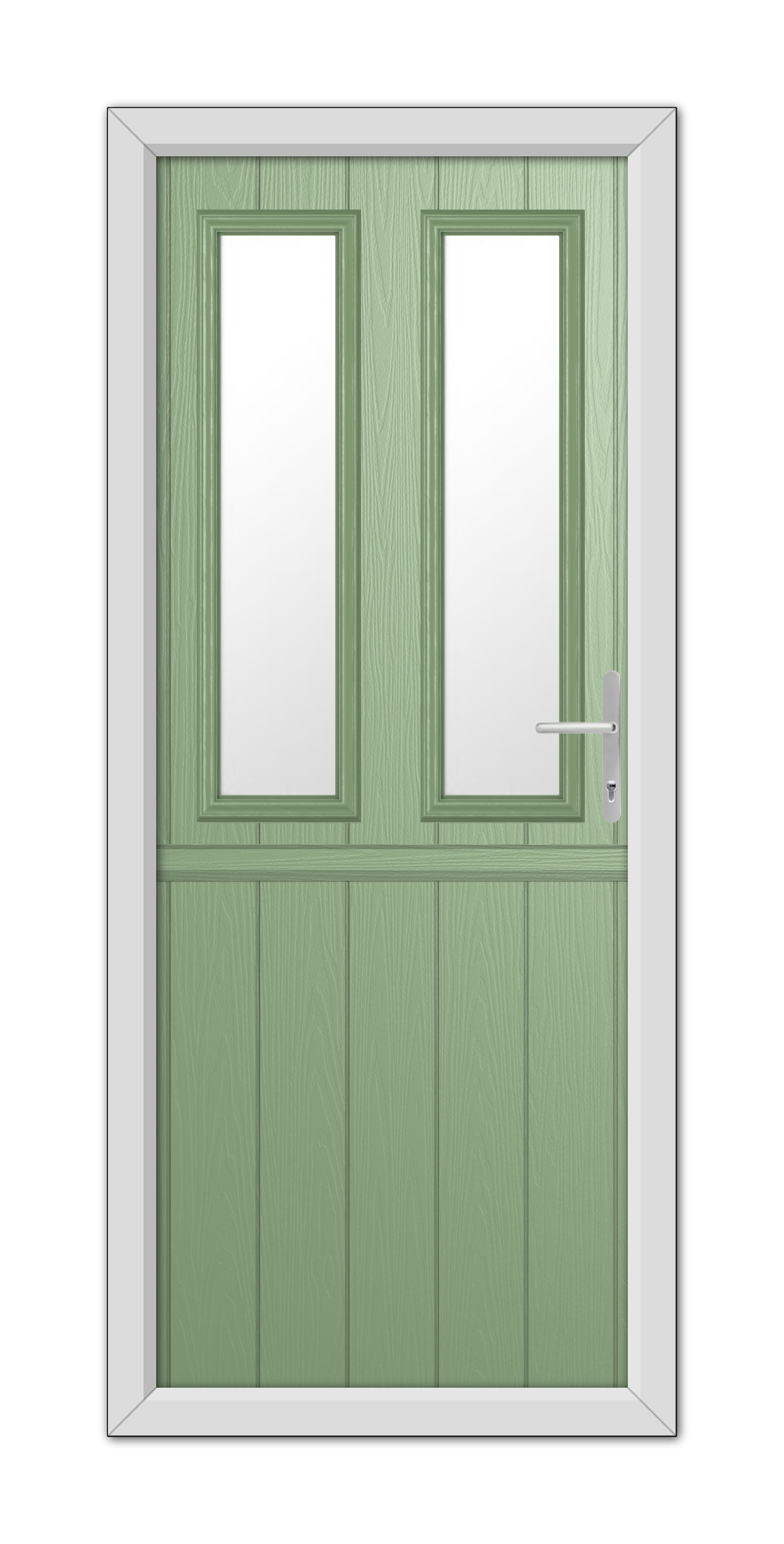 A Chartwell Green Wellington Stable Composite Door 48mm Timber Core with glass windows on the upper half and solid panels on the bottom, framed in a white casing, viewed from the front.