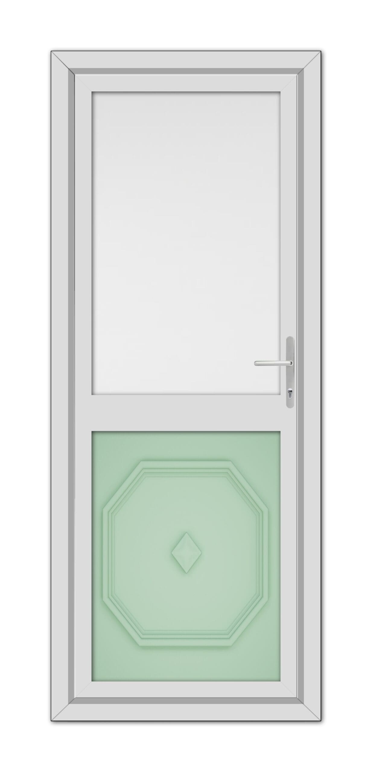 A modern door featuring a Chartwell Green Westminster Half uPVC lower panel with a hexagonal design and a simple upper glass window, surrounded by a white frame.