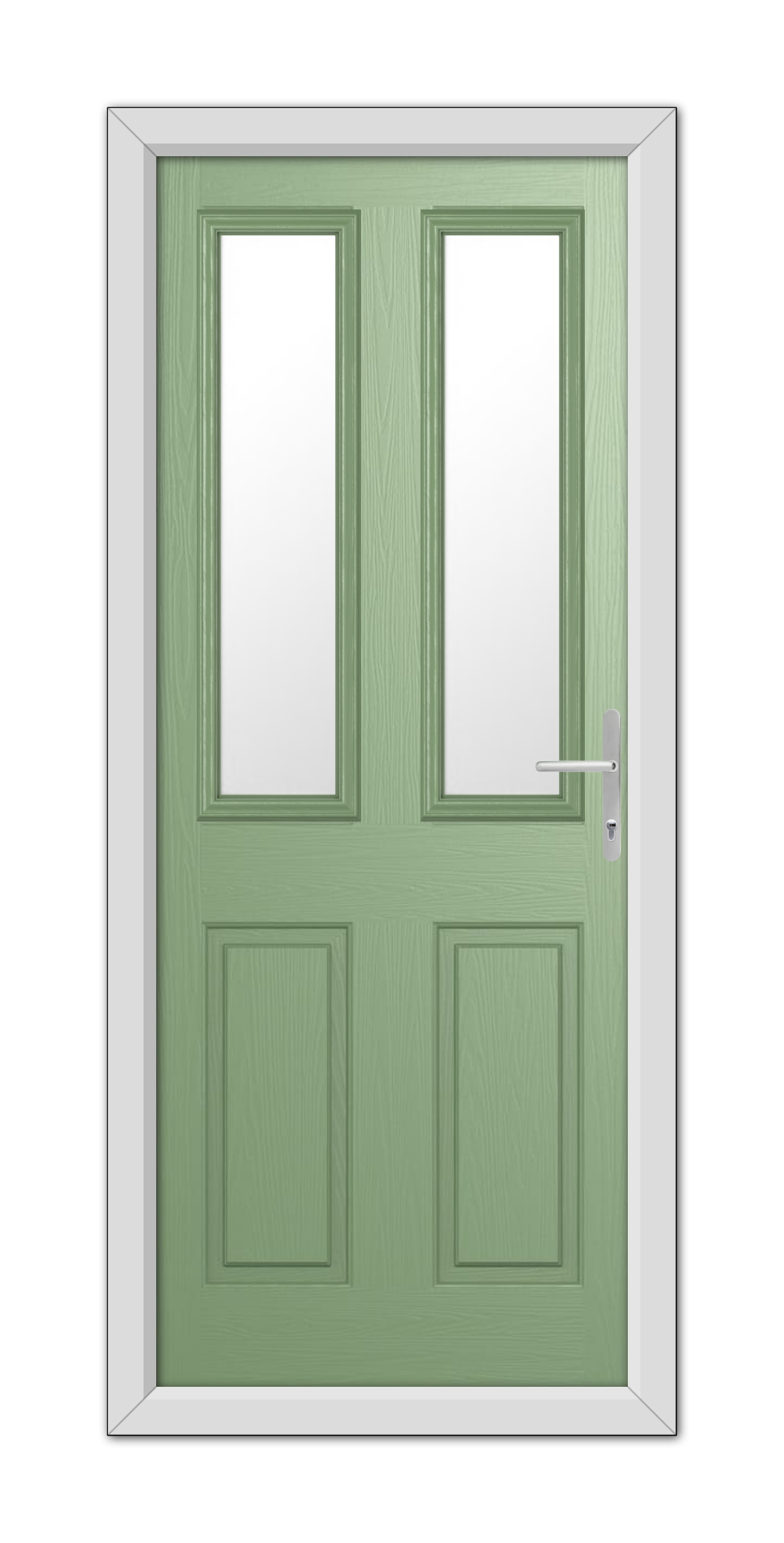 A Chartwell Green Whitmore Composite Door 48mm Timber Core with two rectangular windows at the top, set in a white frame, featuring a modern handle on the right.