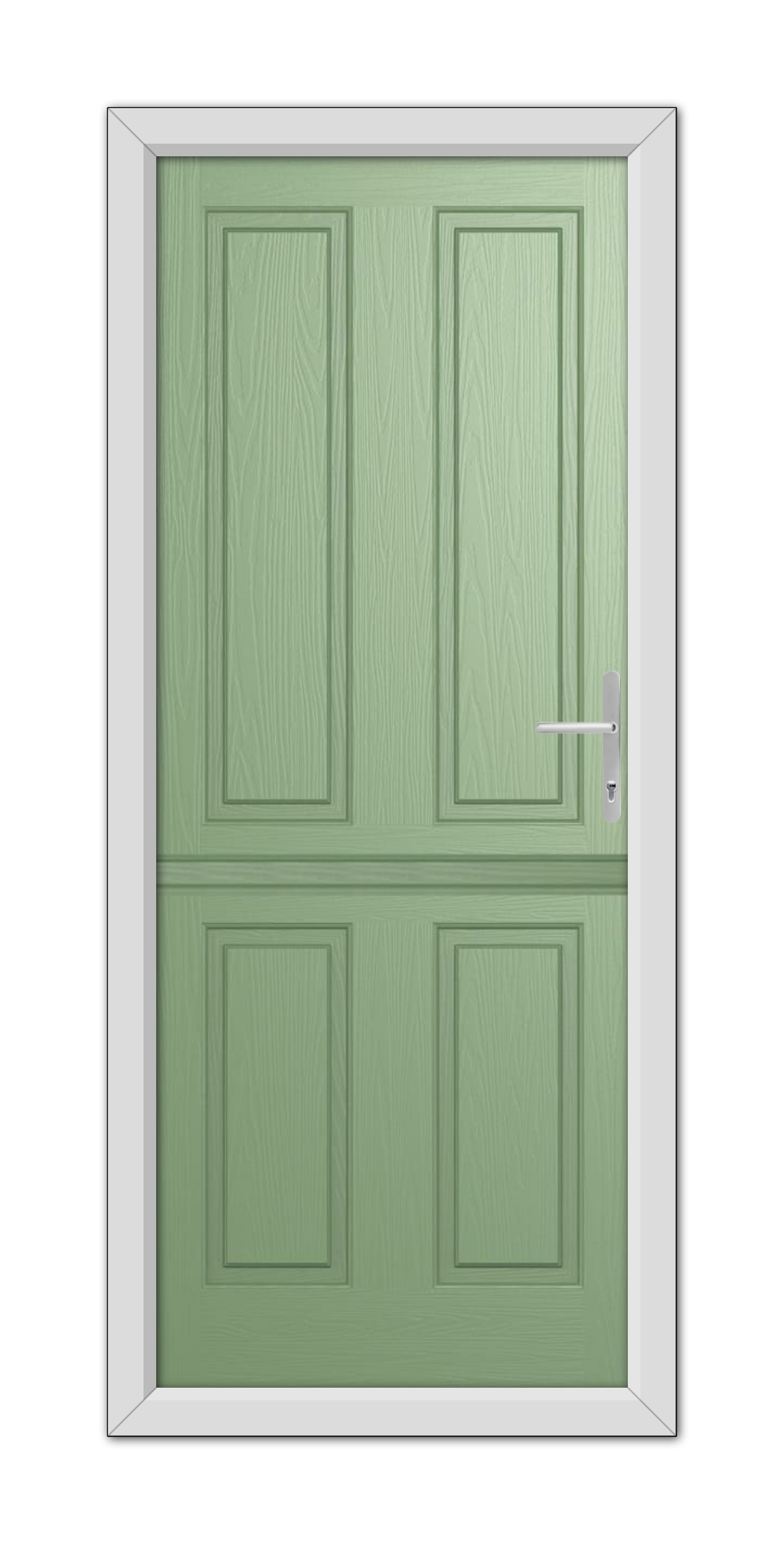 A Chartwell Green Whitmore Solid Stable Composite Door 48mm Timber Core with a silver handle, framed within a white door frame, shown against a simple background.