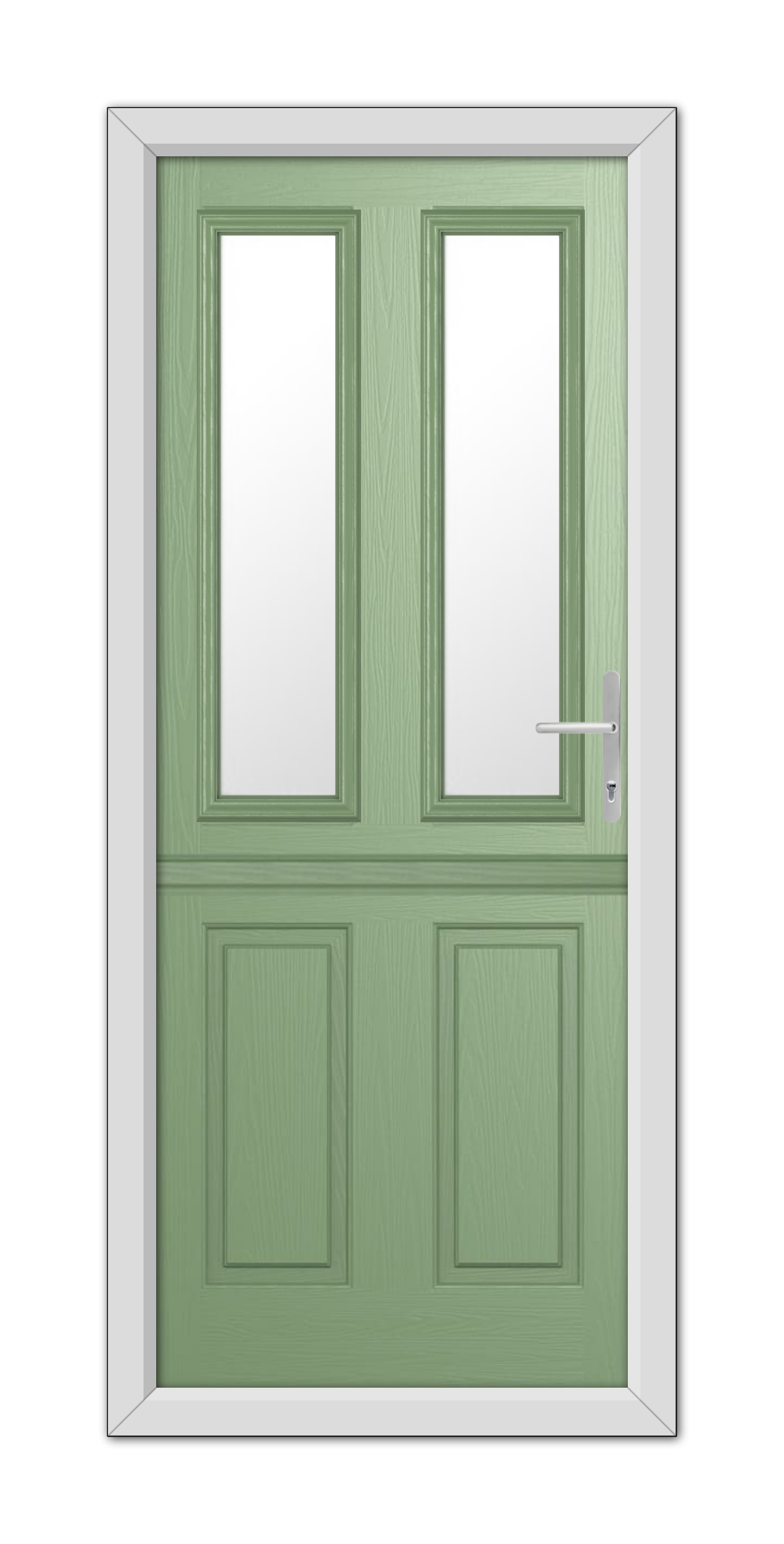 A Chartwell Green Whitmore Stable Composite Door 48mm Timber Core with two upper glass panels and a metallic handle, set within a white frame.
