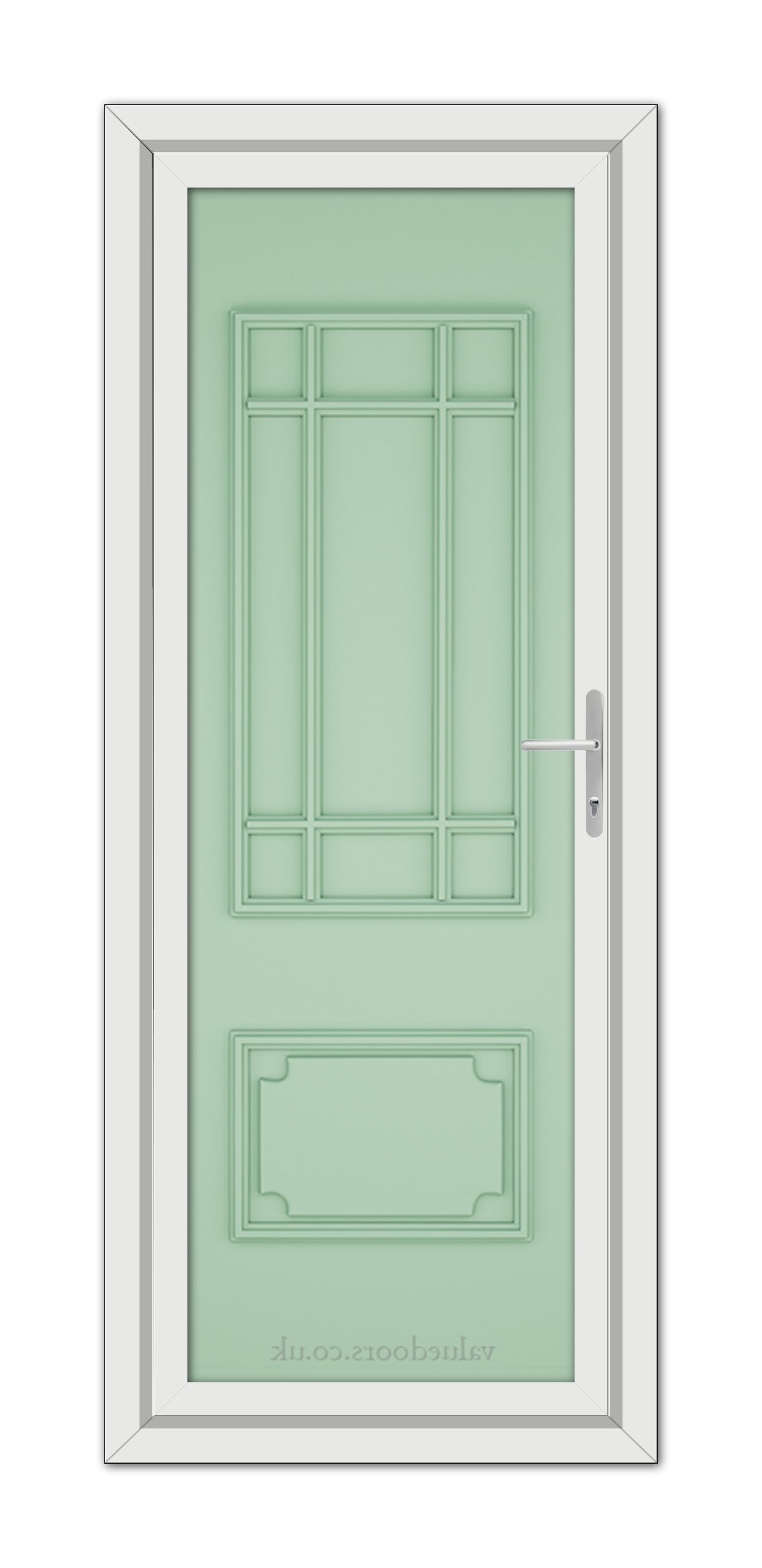 A Chartwell Green Winslow 1 Composite Door 48mm Timber Core with geometric panels and a silver handle, set within a white frame.