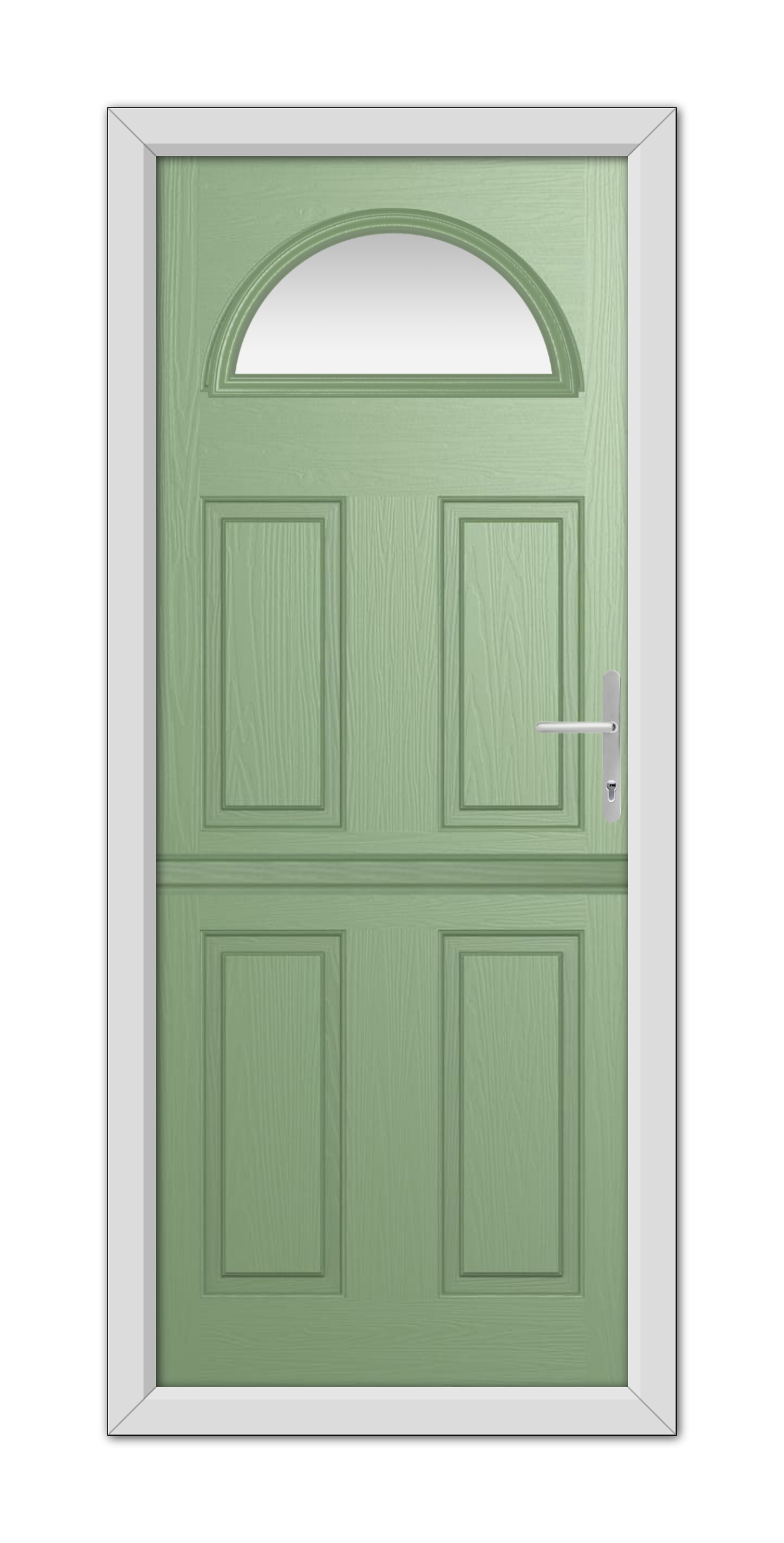 A Chartwell Green Winslow 1 Stable Composite Door with an arched window at the top, set in a white frame, equipped with a modern silver handle.