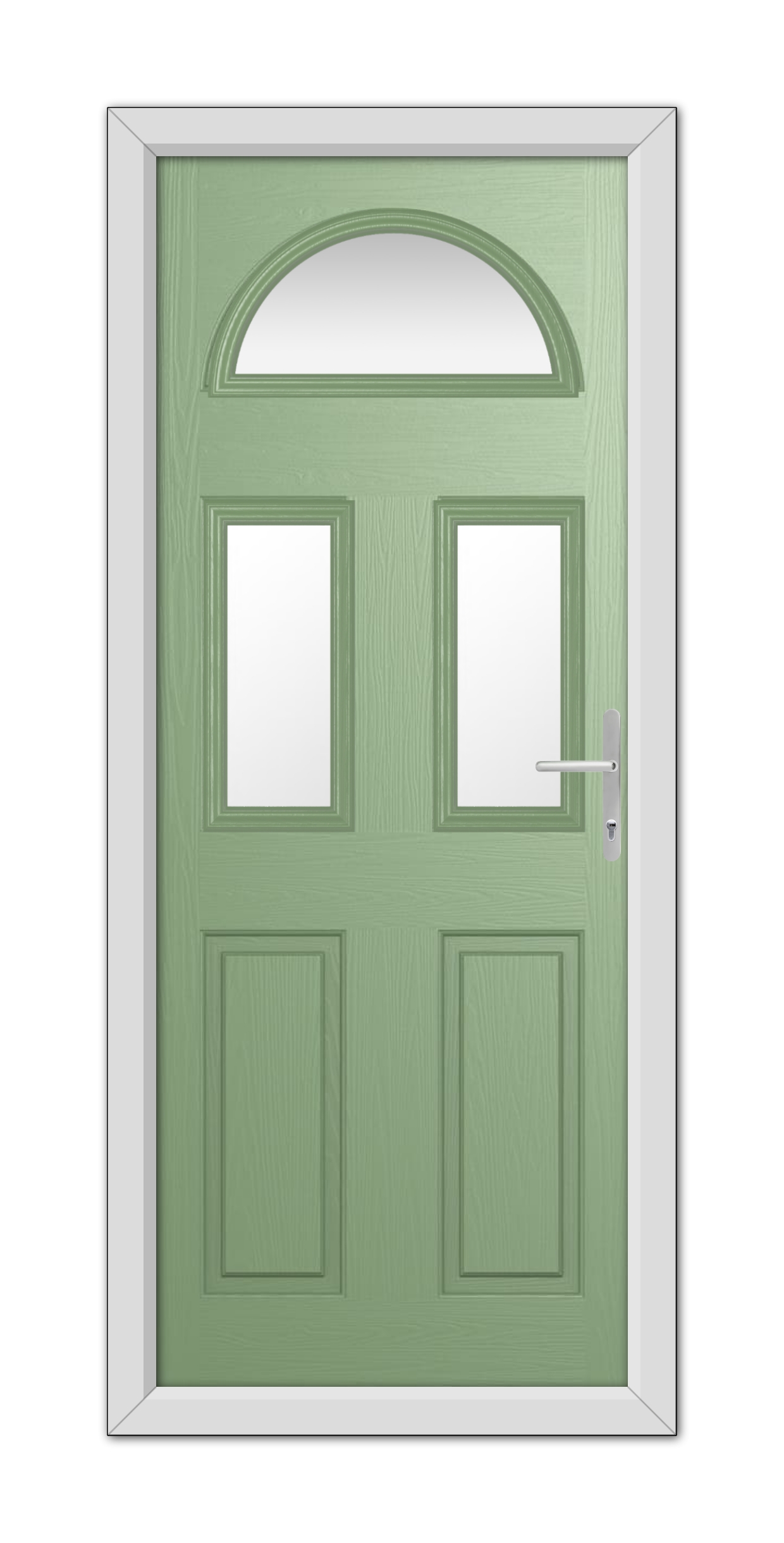 A Chartwell Green Winslow 3 Composite Door 48mm Timber Core with a semicircular transom window above two rectangular panes, framed in white, featuring a modern handle on the right side.