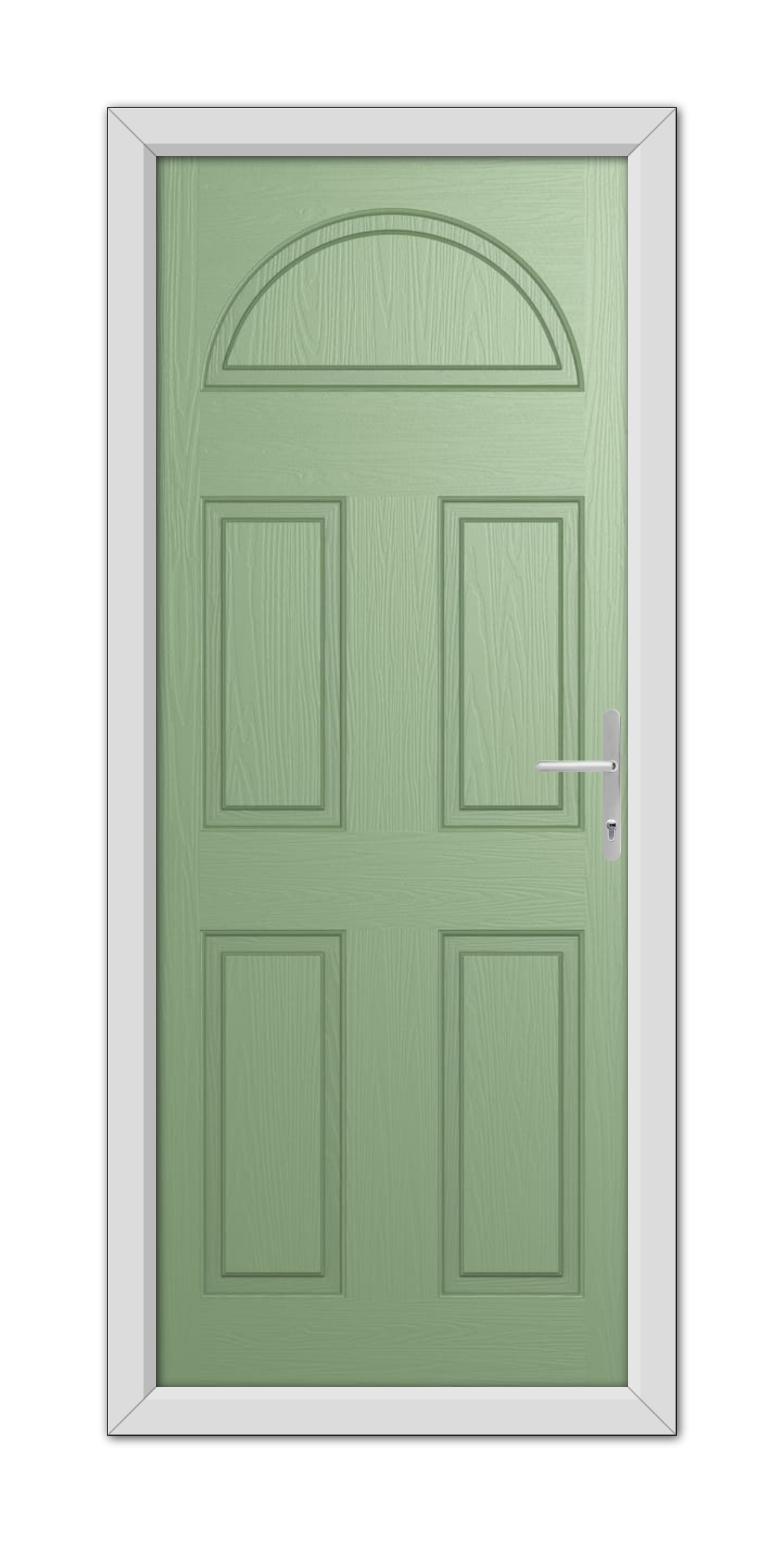 A Chartwell Green Winslow Solid Composite Door with six panels and an arched window at the top, framed in white, viewed head-on.