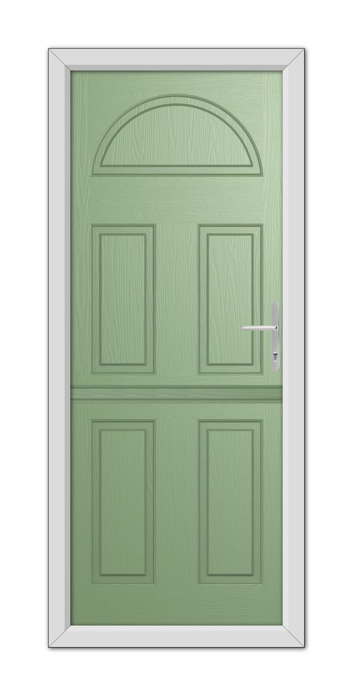 A Chartwell Green Winslow Solid Stable Composite Door with six panels and a semi-circular frosted glass window at the top, fitted within a white frame.