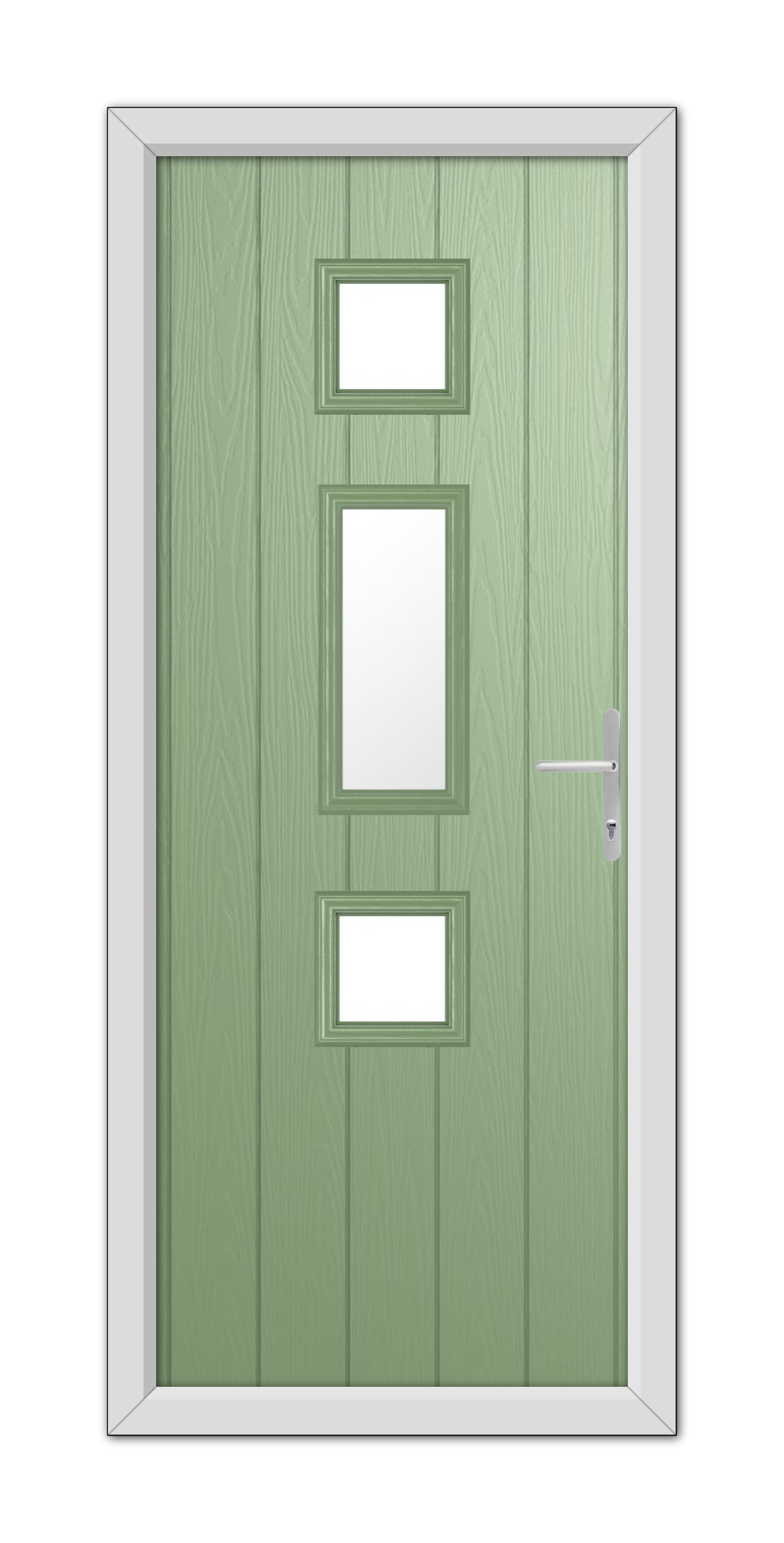 A Chartwell Green York Composite Door 48mm Timber Core with three rectangular glass panels and a modern handle, set within a grey frame.