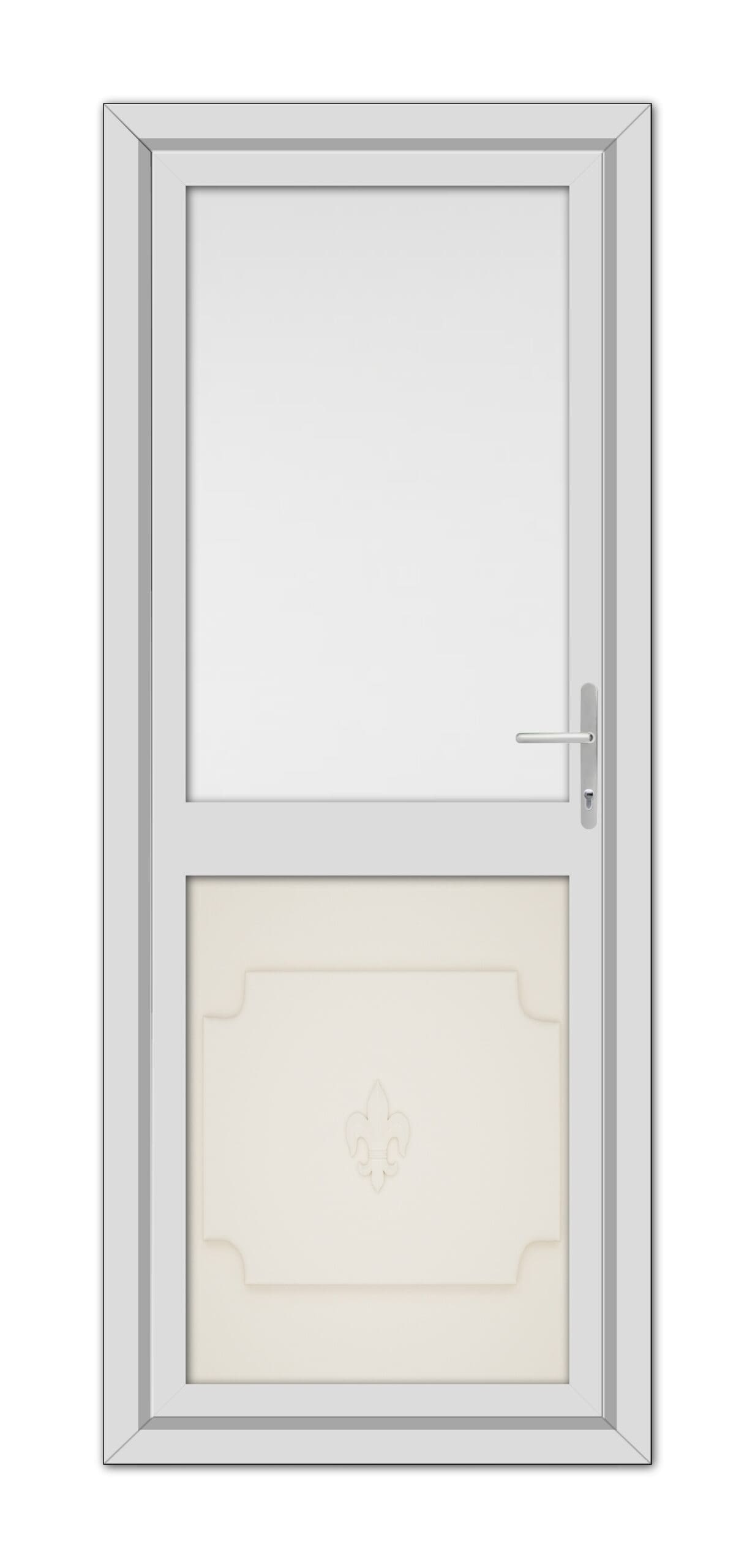 A Cream Abbey Half uPVC Back Door with a top window, a panel with decorative relief below it, and a metallic handle on the right, set within a simple frame.