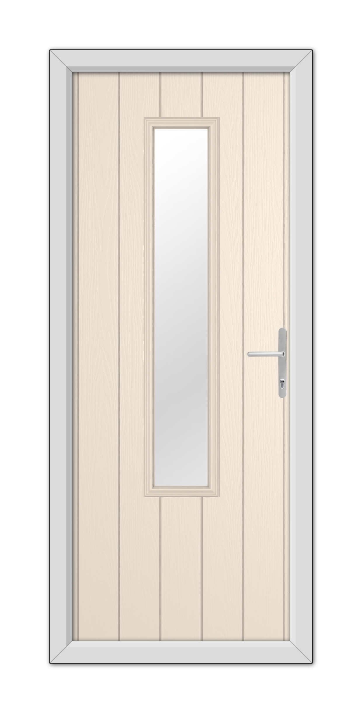 A Cream Abercorn Composite Door 48mm Timber Core with a vertical rectangular glass panel, framed by a gray door frame, and equipped with a silver handle on the right side.