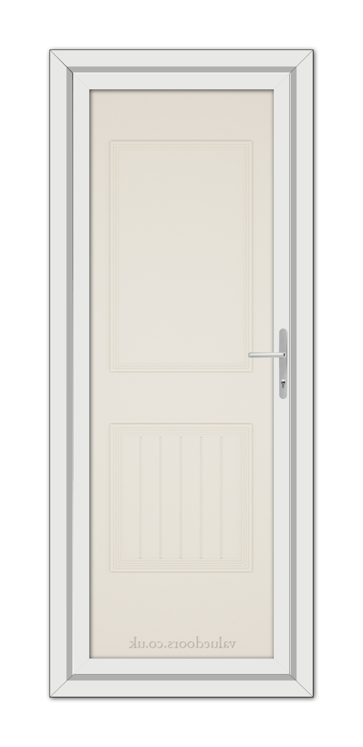 A vertical image of a closed Cream Alnwick One Solid uPVC Door with a silver handle, set within a gray frame, viewed from the front.