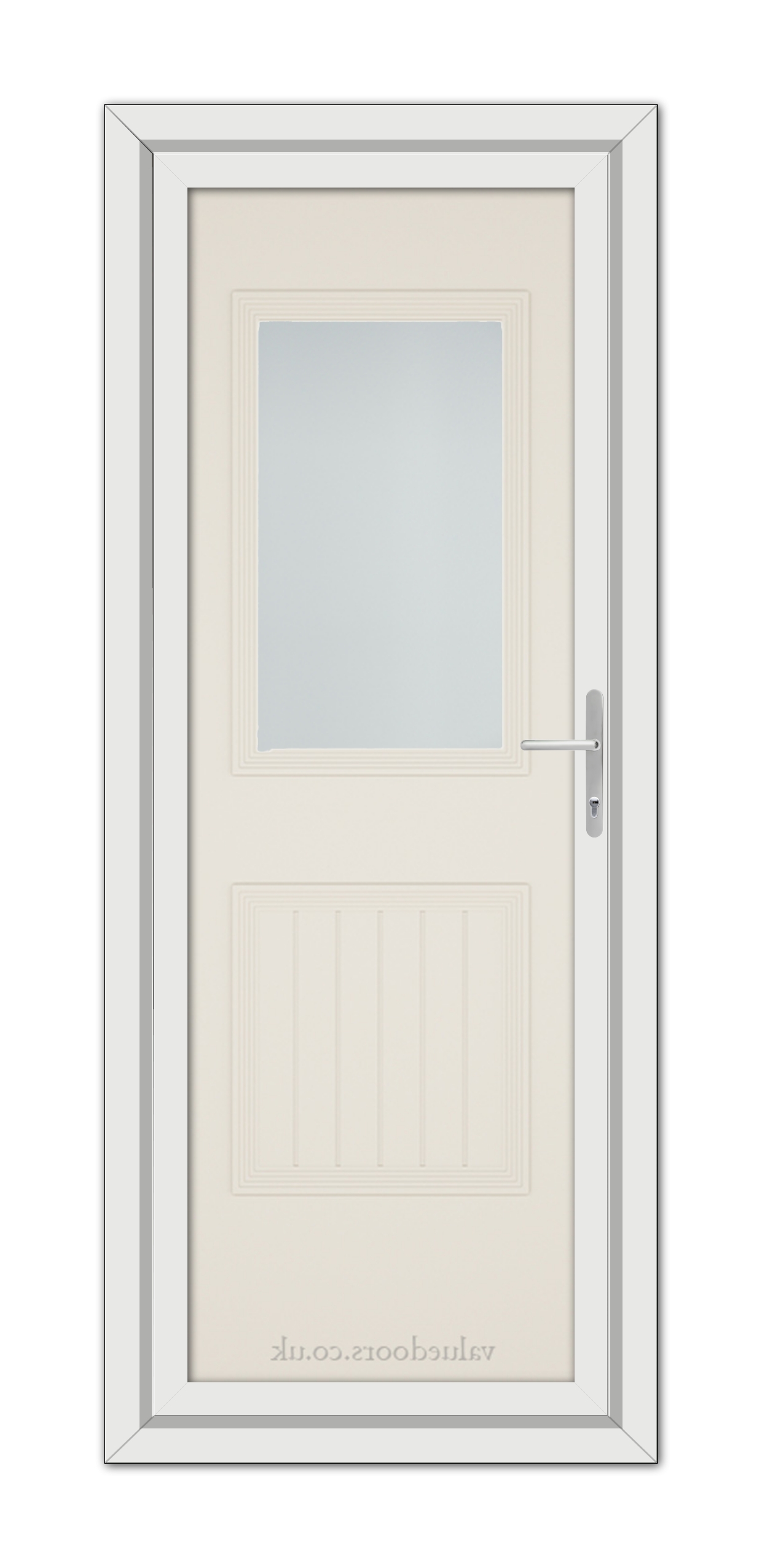 A vertical image of a closed Cream Alnwick One uPVC Door with a rectangular frosted glass panel near the top and a silver handle on the right side.