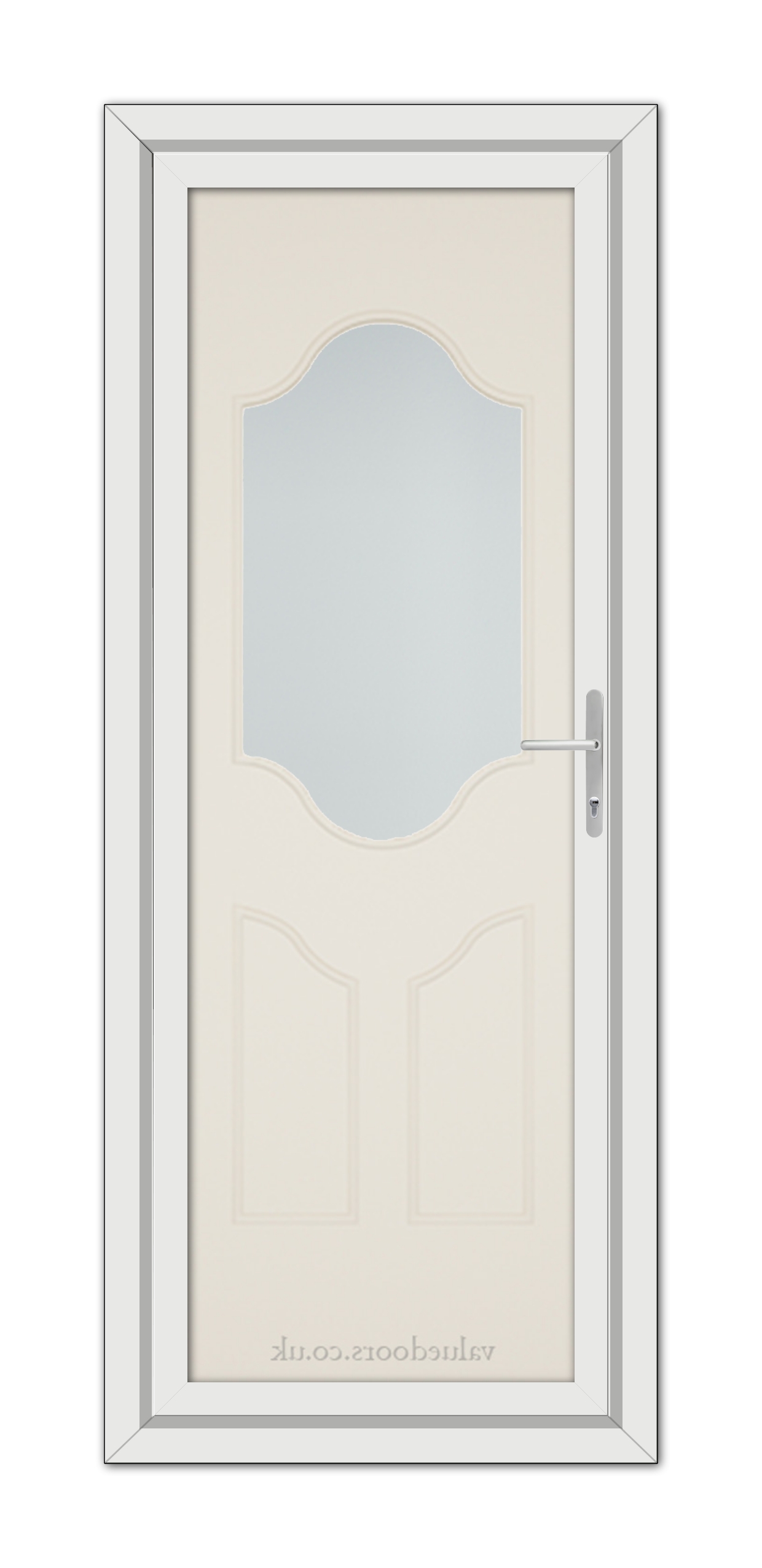 A vertical image of a Cream Althorpe One uPVC Door with an oval glass window in the upper half and decorative panels at the bottom, set within a grey frame.