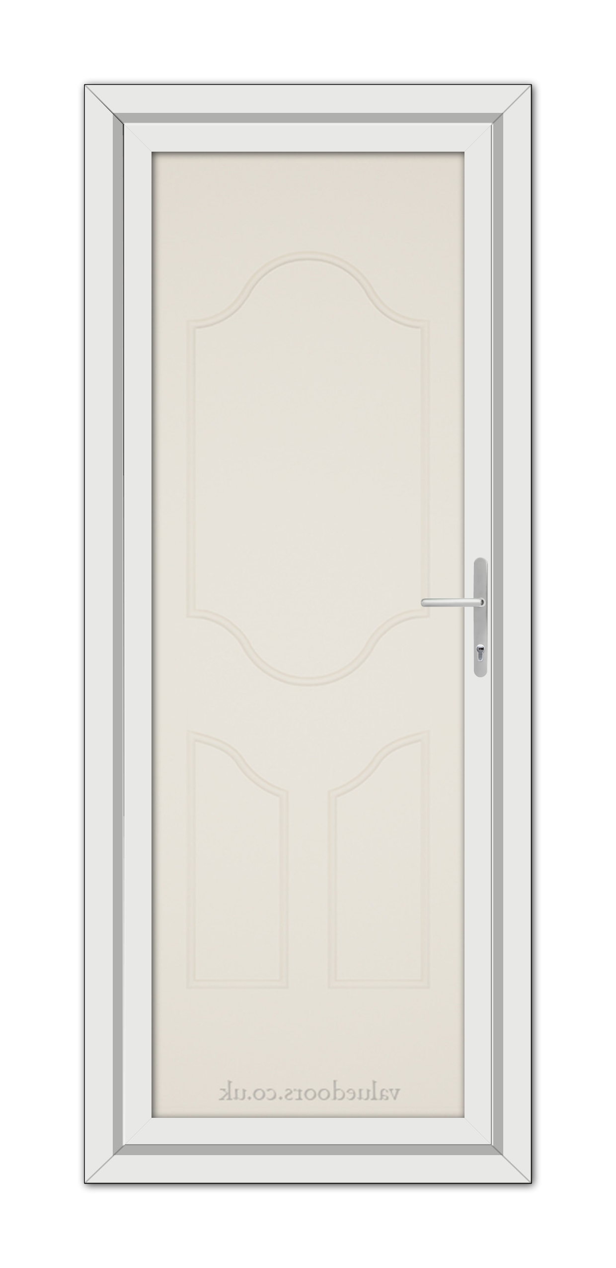 A vertical image of a Cream Althorpe Solid uPVC door with a silver handle, set within a gray frame, against a white background.