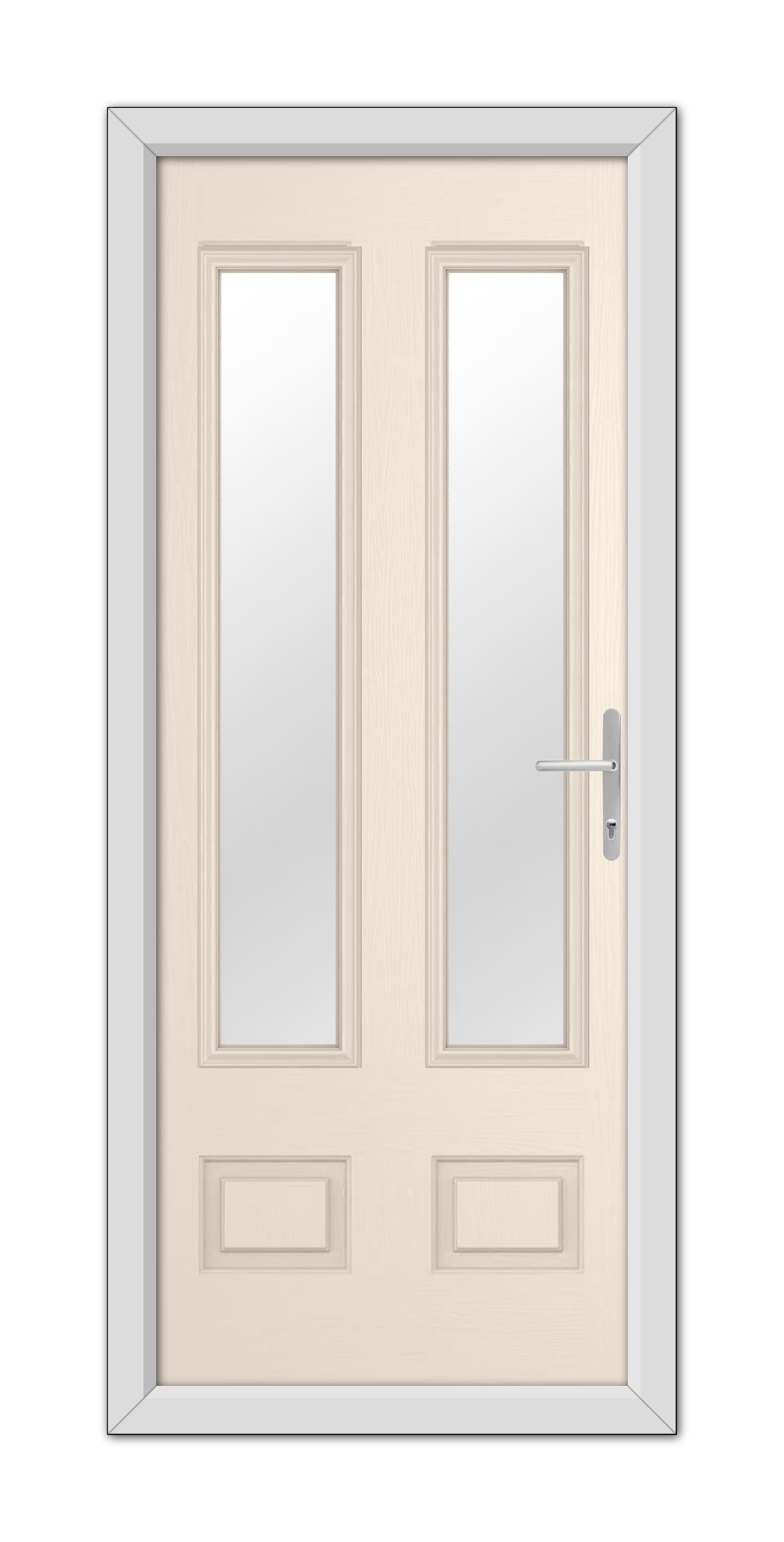Cream Aston Glazed 2 Composite Door 48mm Timber Core with wooden frames and glass panels, featuring a modern handle.