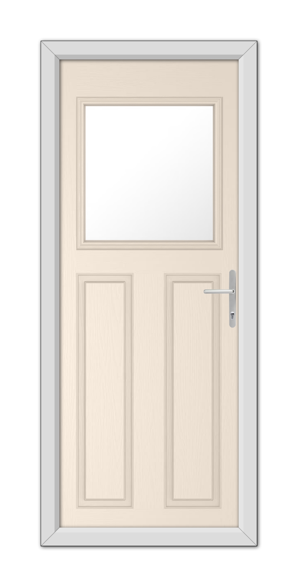 A Cream Axwell Composite Door 48mm Timber Core with a light wood finish, featuring a small rectangular window at the top and a metal handle on the right side, set within a gray frame.